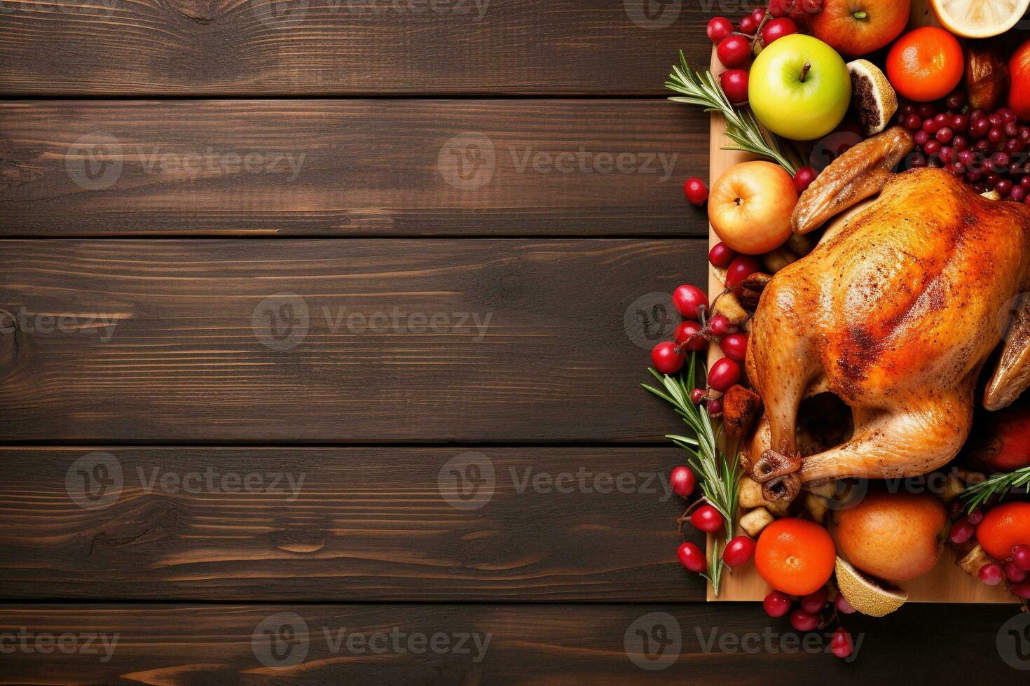 AI generated Thanksgiving day background with roasted turkey, fruits and spices photo