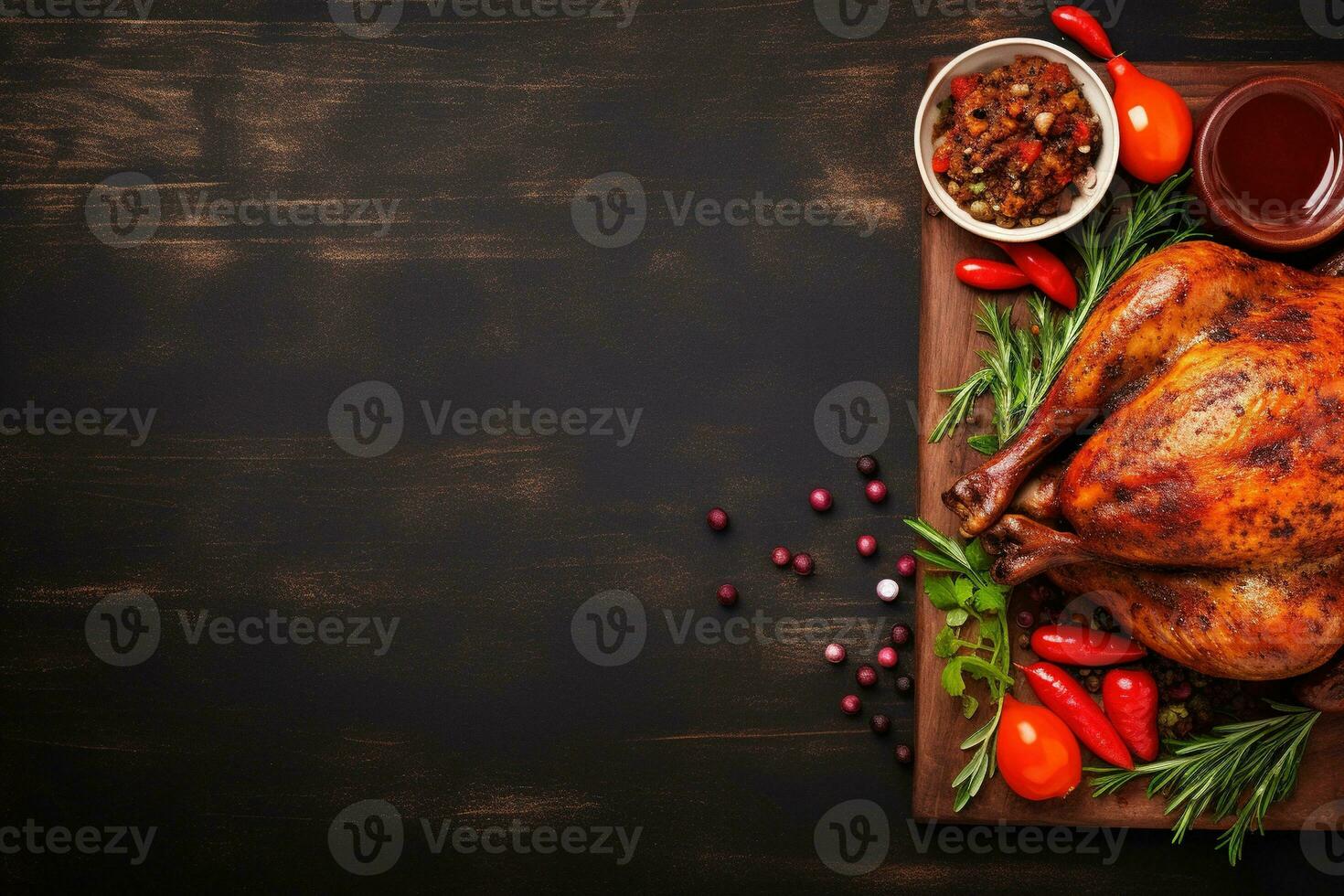 AI generated Thanksgiving day background with roasted turkey, fruits and spices photo