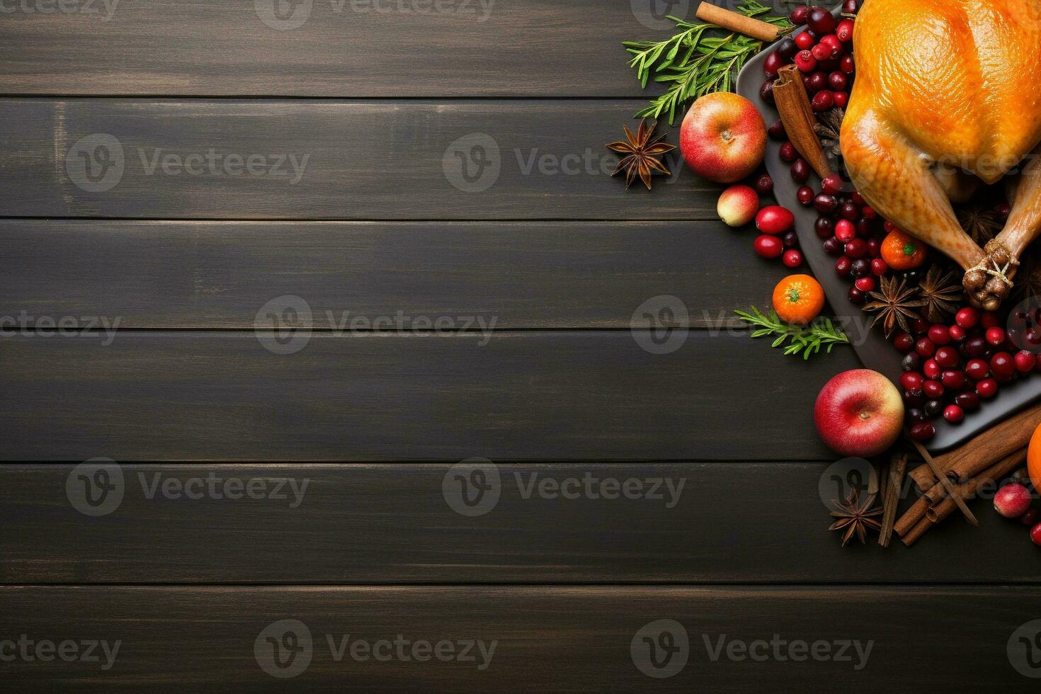 AI generated Thanksgiving day background with roasted turkey, fruits and spices photo