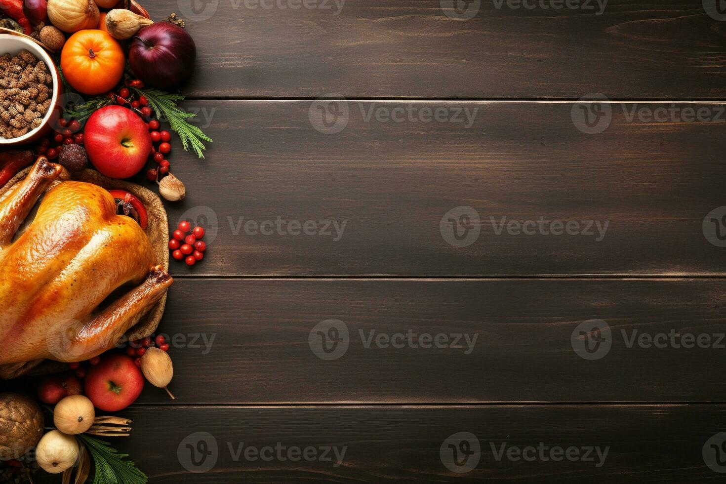 AI generated Thanksgiving day background with roasted turkey, fruits and spices photo