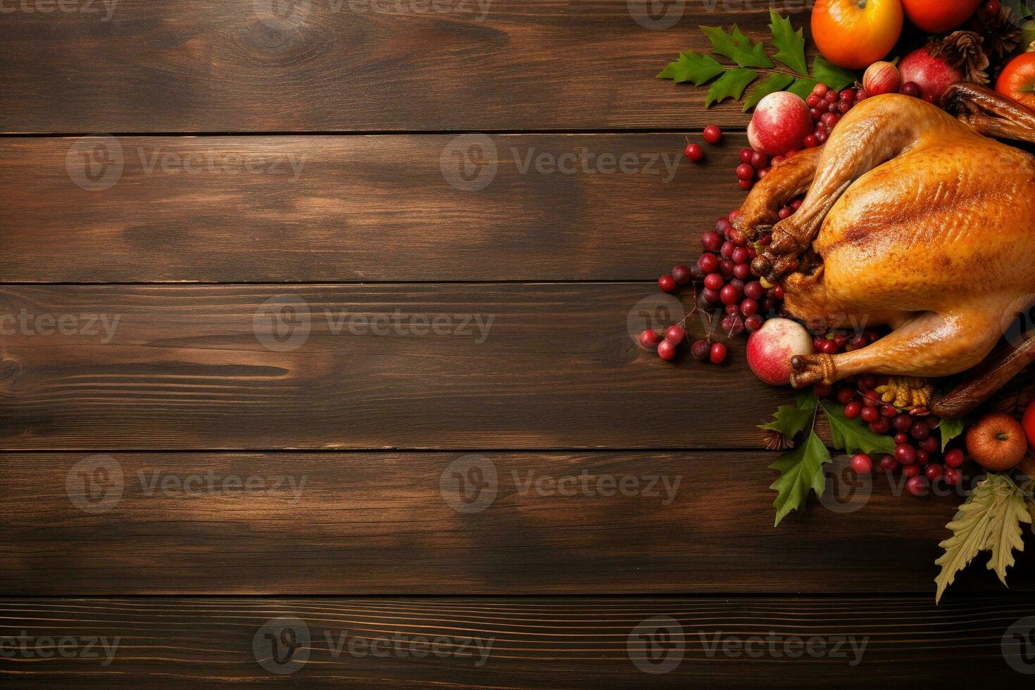 AI generated Thanksgiving day background with roasted turkey, fruits and spices photo