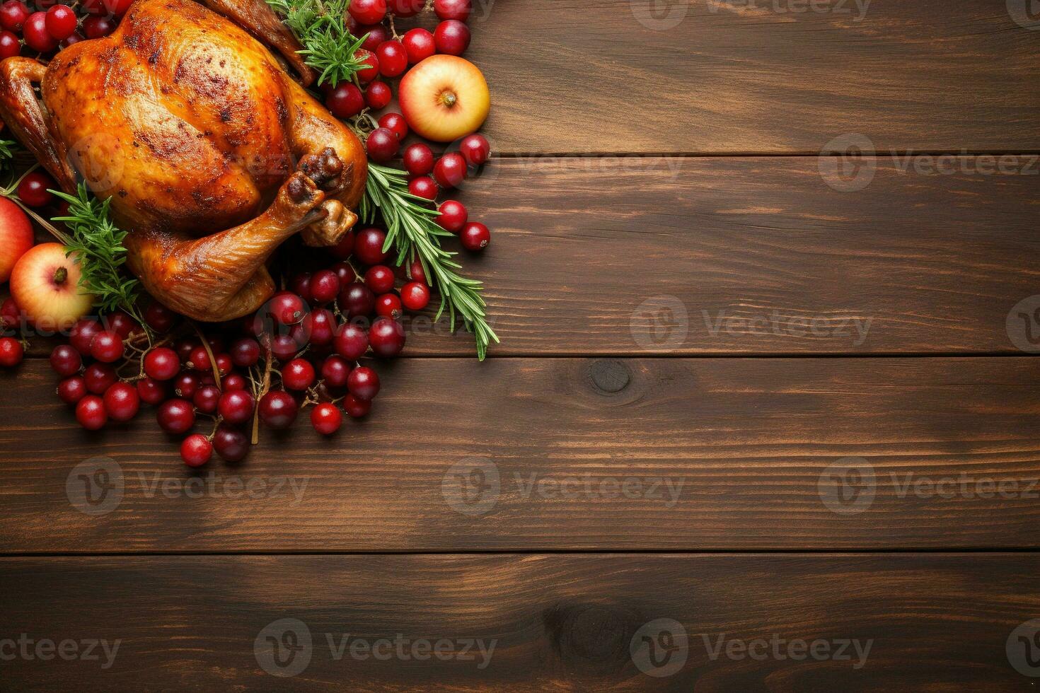 AI generated Thanksgiving day background with roasted turkey, fruits and spices photo