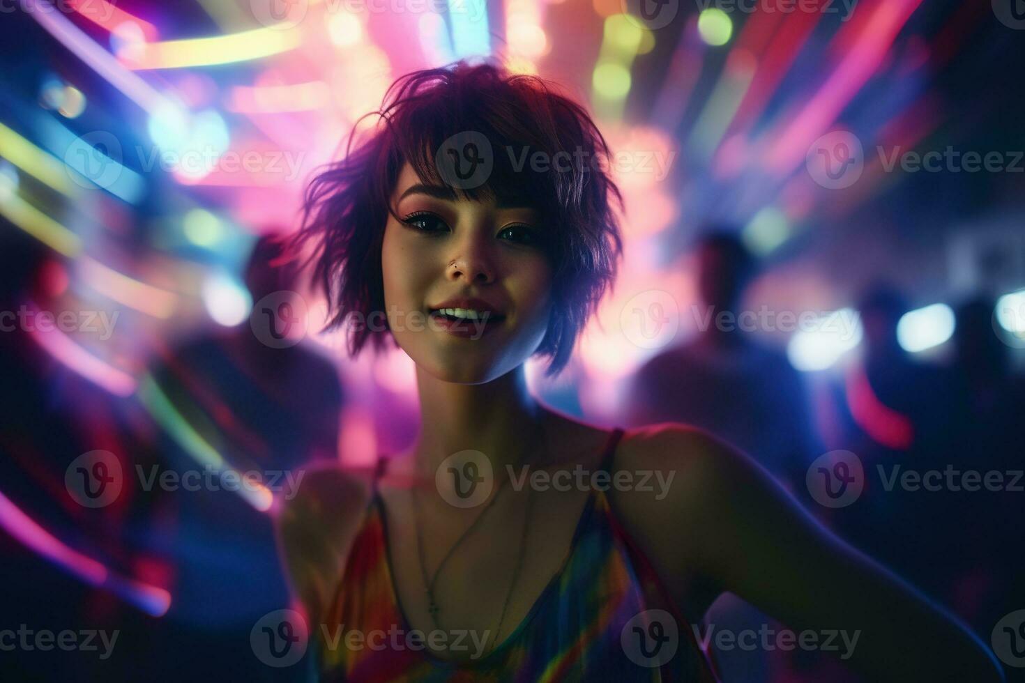 AI generated Portrait of young beautiful asian woman dancing in night club. photo