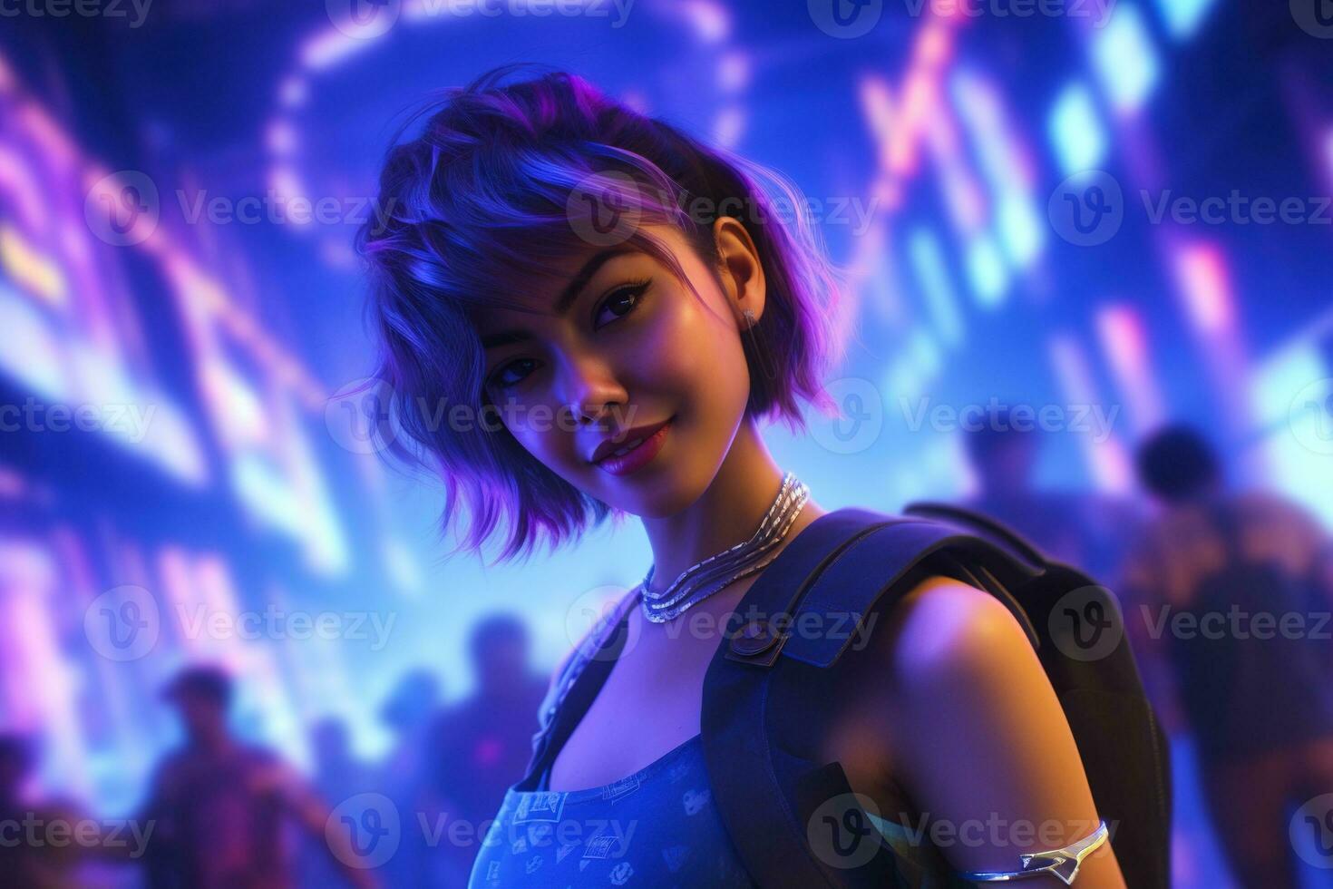 AI generated Portrait of young beautiful asian woman dancing in night club. photo