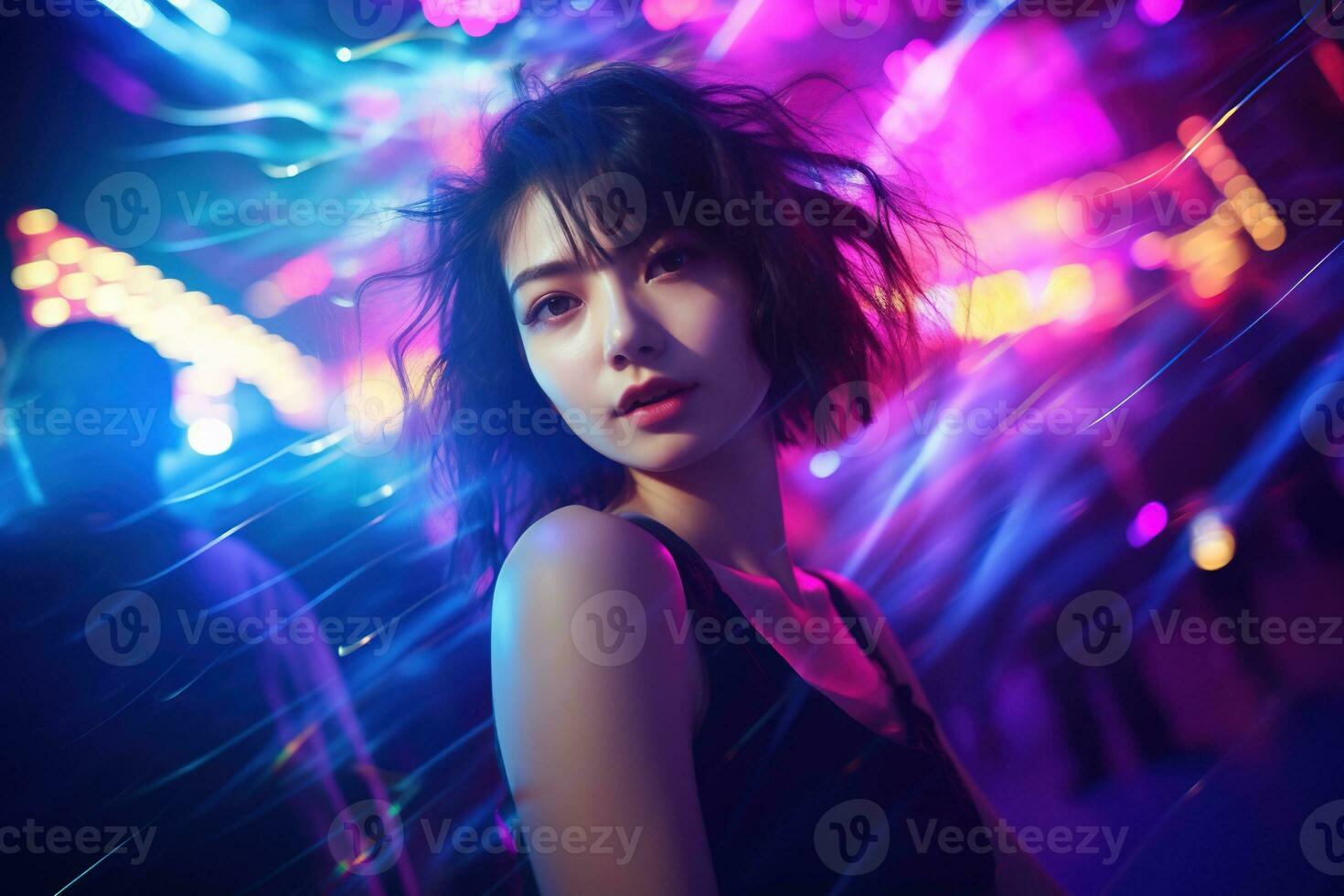 AI generated Portrait of young beautiful asian woman dancing in night club. photo