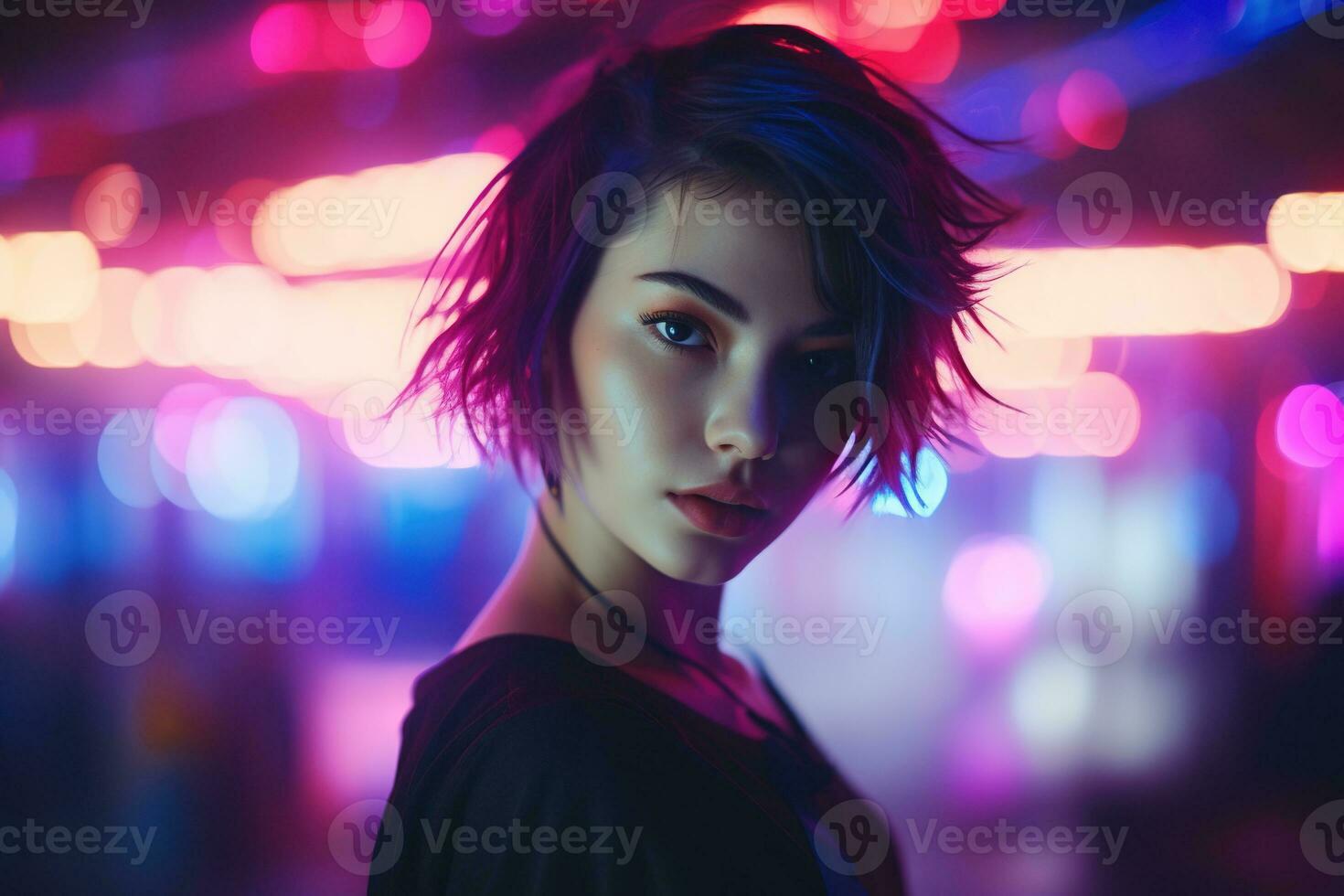 AI generated Portrait of young beautiful asian woman dancing in night club. photo