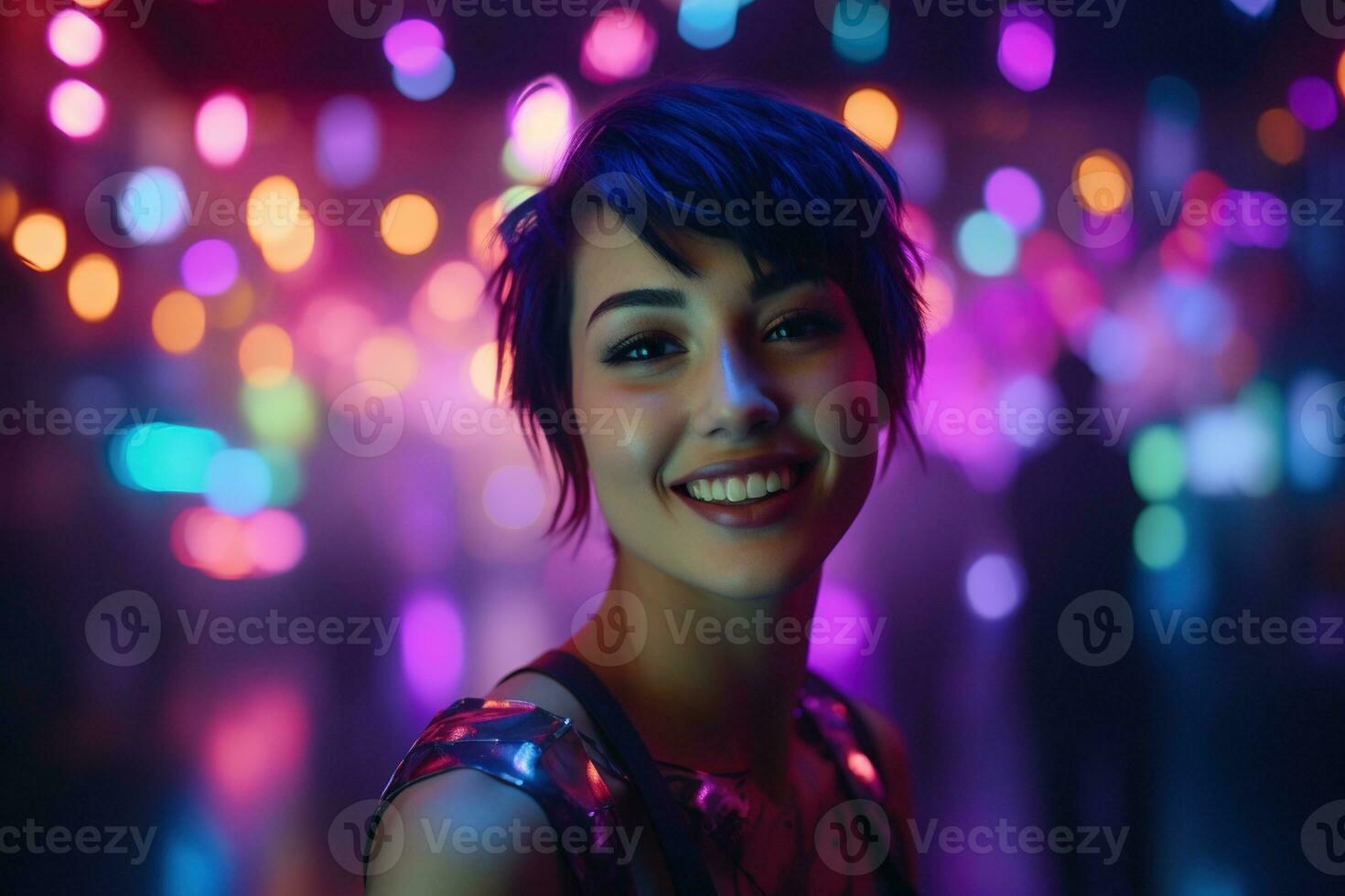 AI generated Portrait of young beautiful asian woman dancing in night club. photo