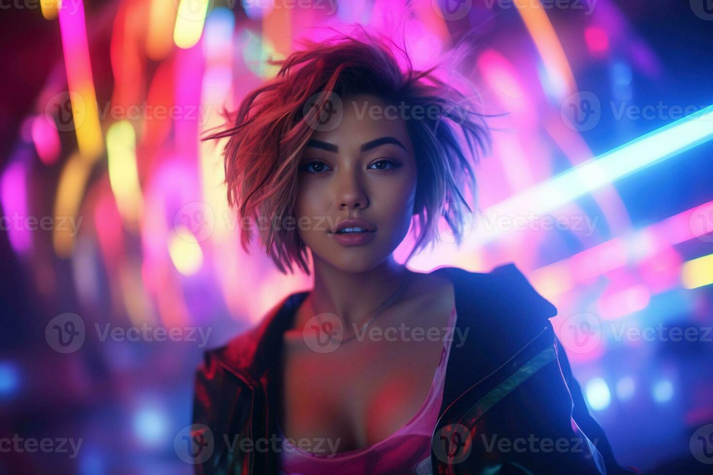 AI generated Portrait of young beautiful asian woman dancing in night club. photo