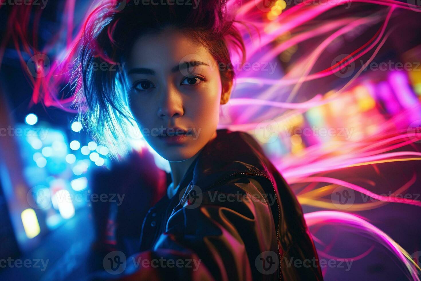 AI generated Portrait of young beautiful asian woman dancing in night club. photo