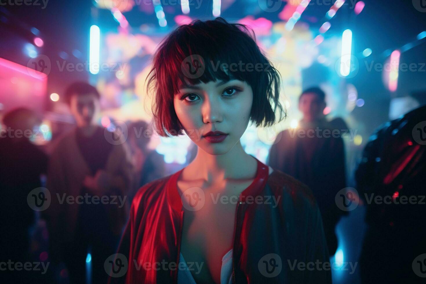 AI generated Portrait of young beautiful asian woman dancing in night club. photo