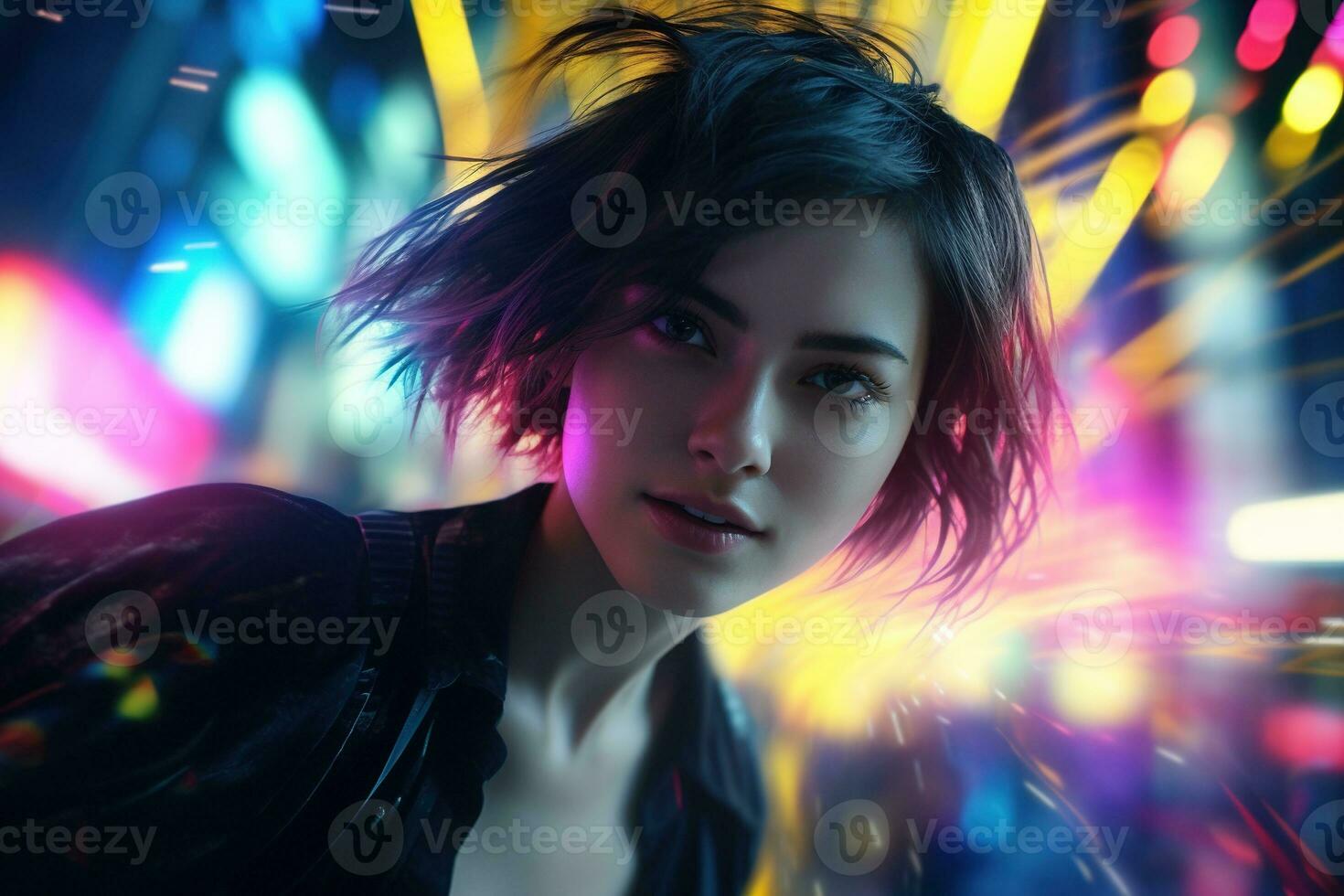 AI generated Portrait of young beautiful asian woman dancing in night club. photo