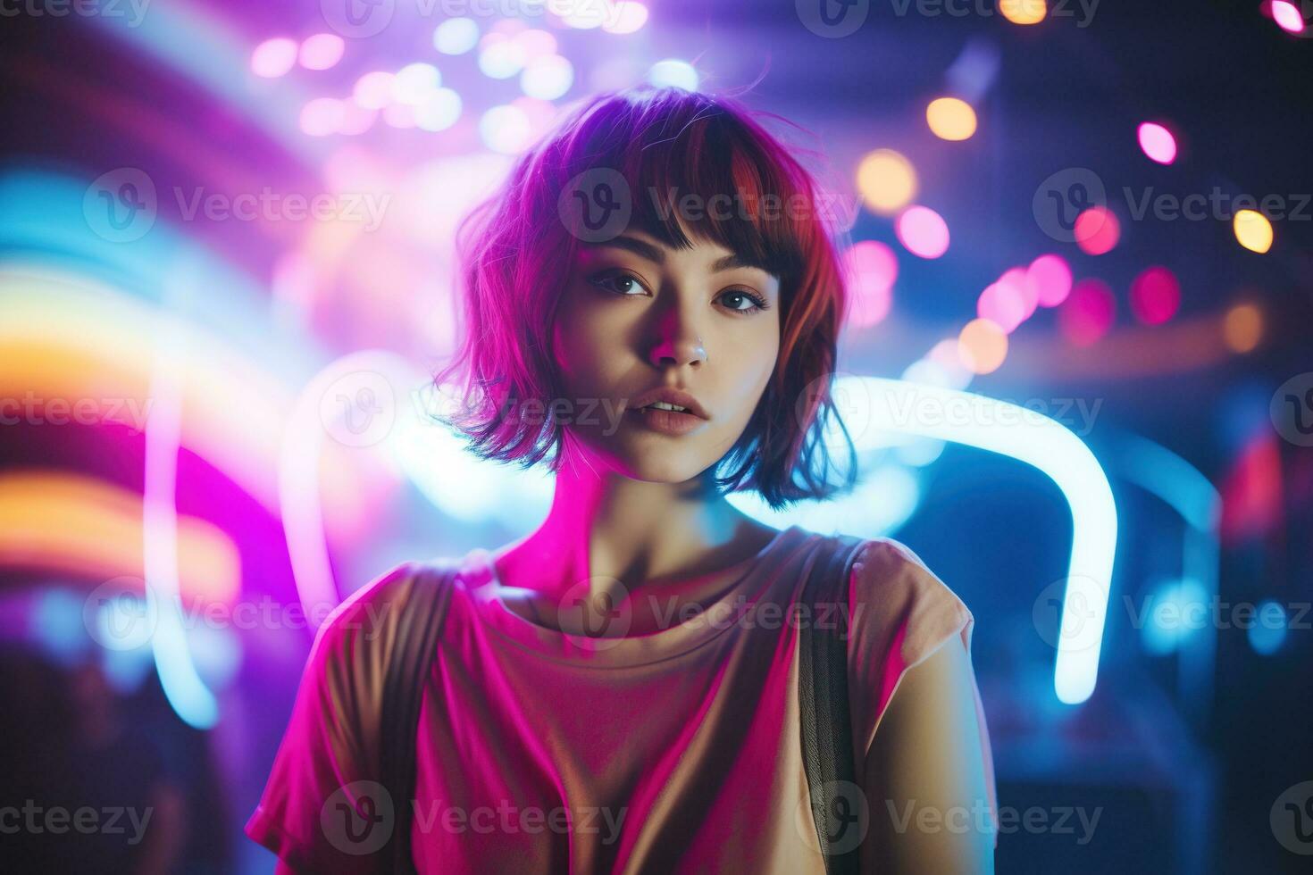 AI generated Portrait of young beautiful asian woman dancing in night club. photo