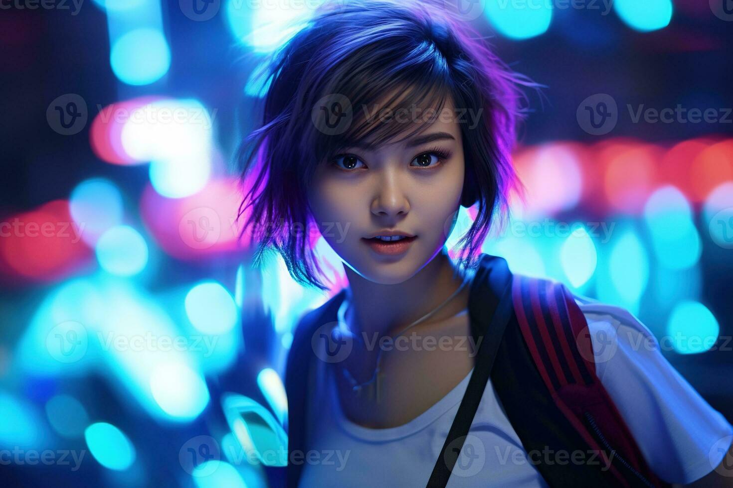 AI generated Portrait of young beautiful asian woman dancing in night club. photo