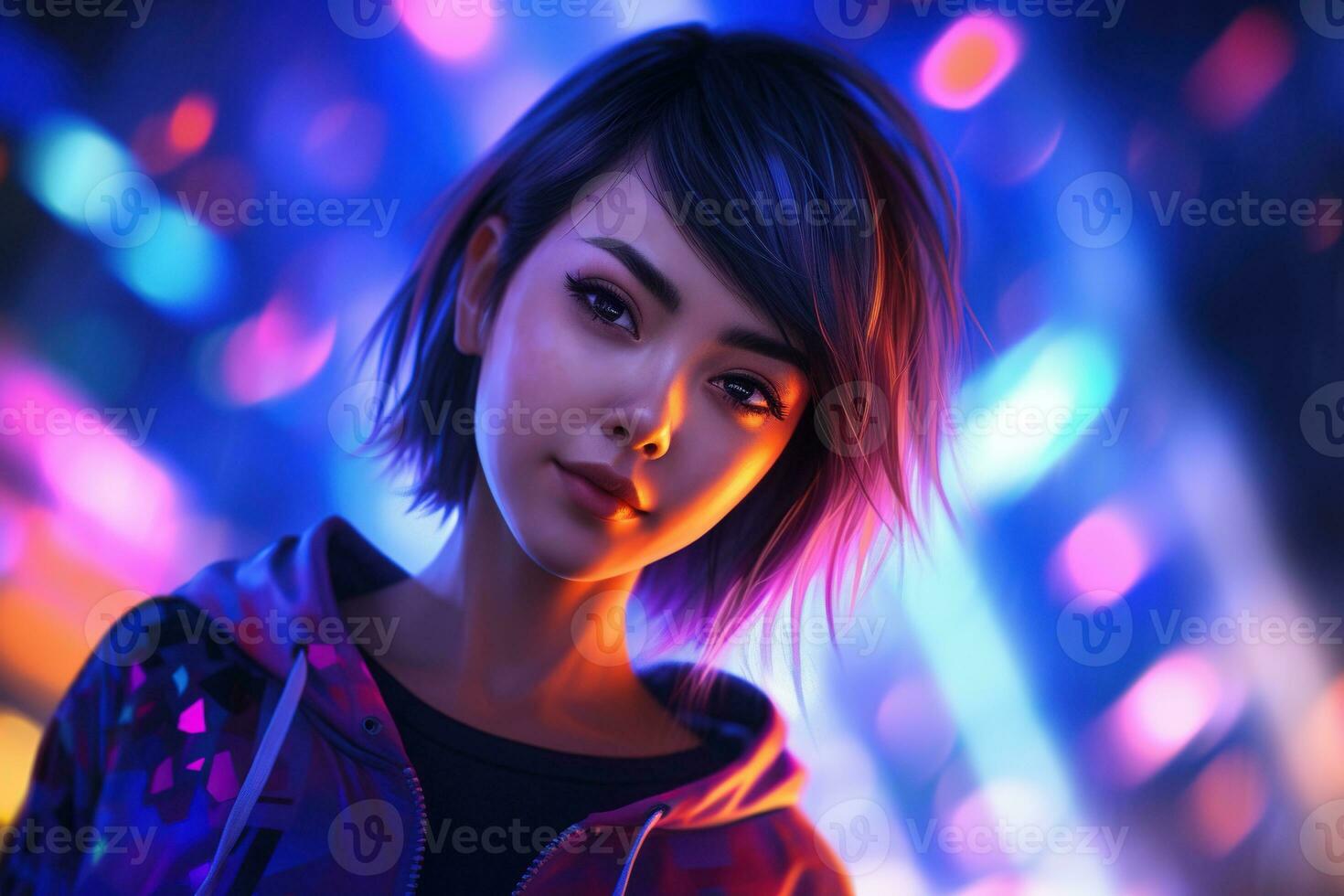 AI generated Portrait of young beautiful asian woman dancing in night club. photo