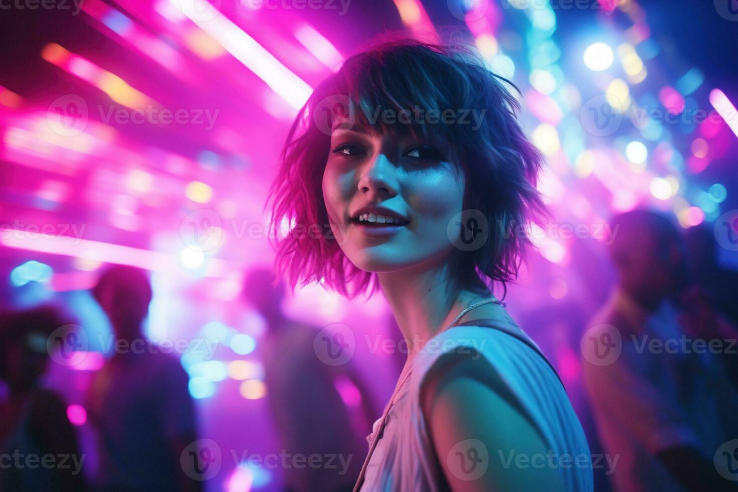 AI generated Portrait of young beautiful asian woman dancing in night club. photo
