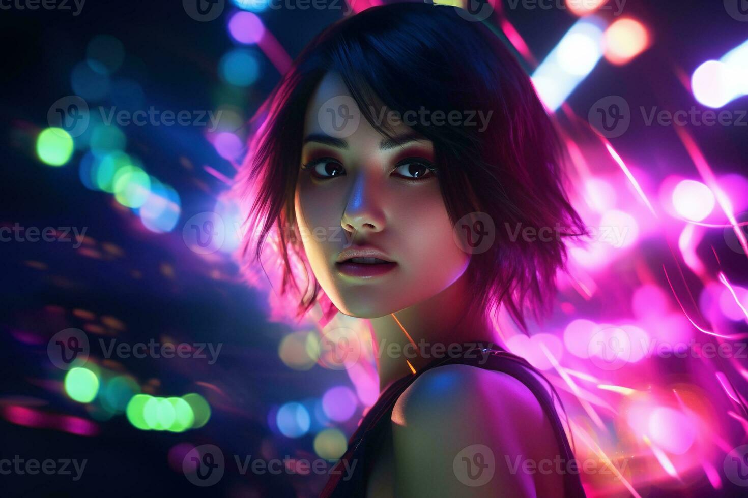 AI generated Portrait of young beautiful asian woman dancing in night club. photo