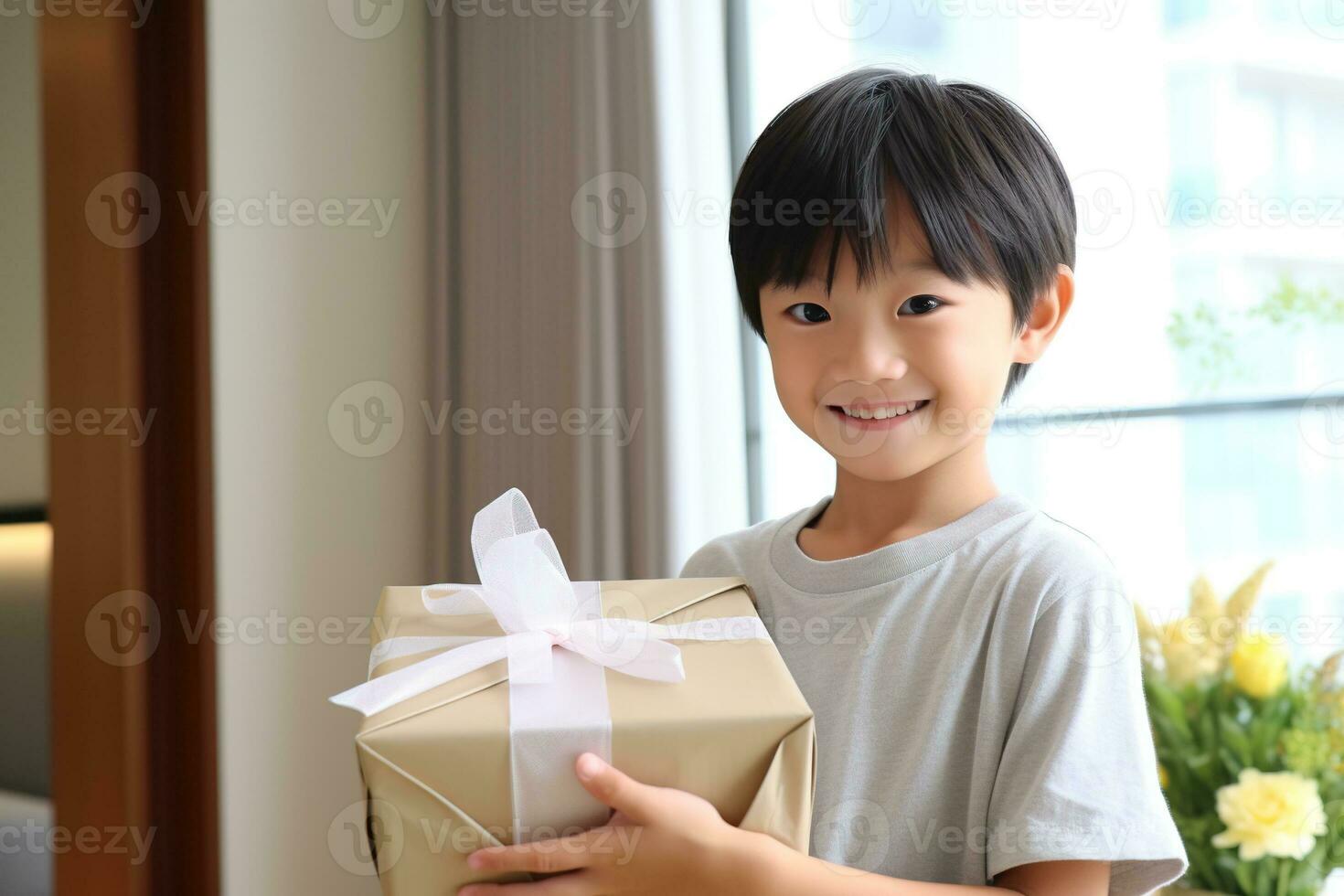 ai generado linda asiático pequeño chico participación un regalo caja foto