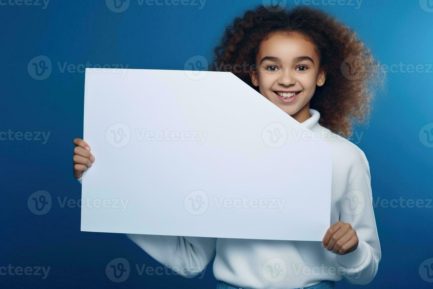 AI generated Cute little girl holding blank white sheet of paper in her hands photo