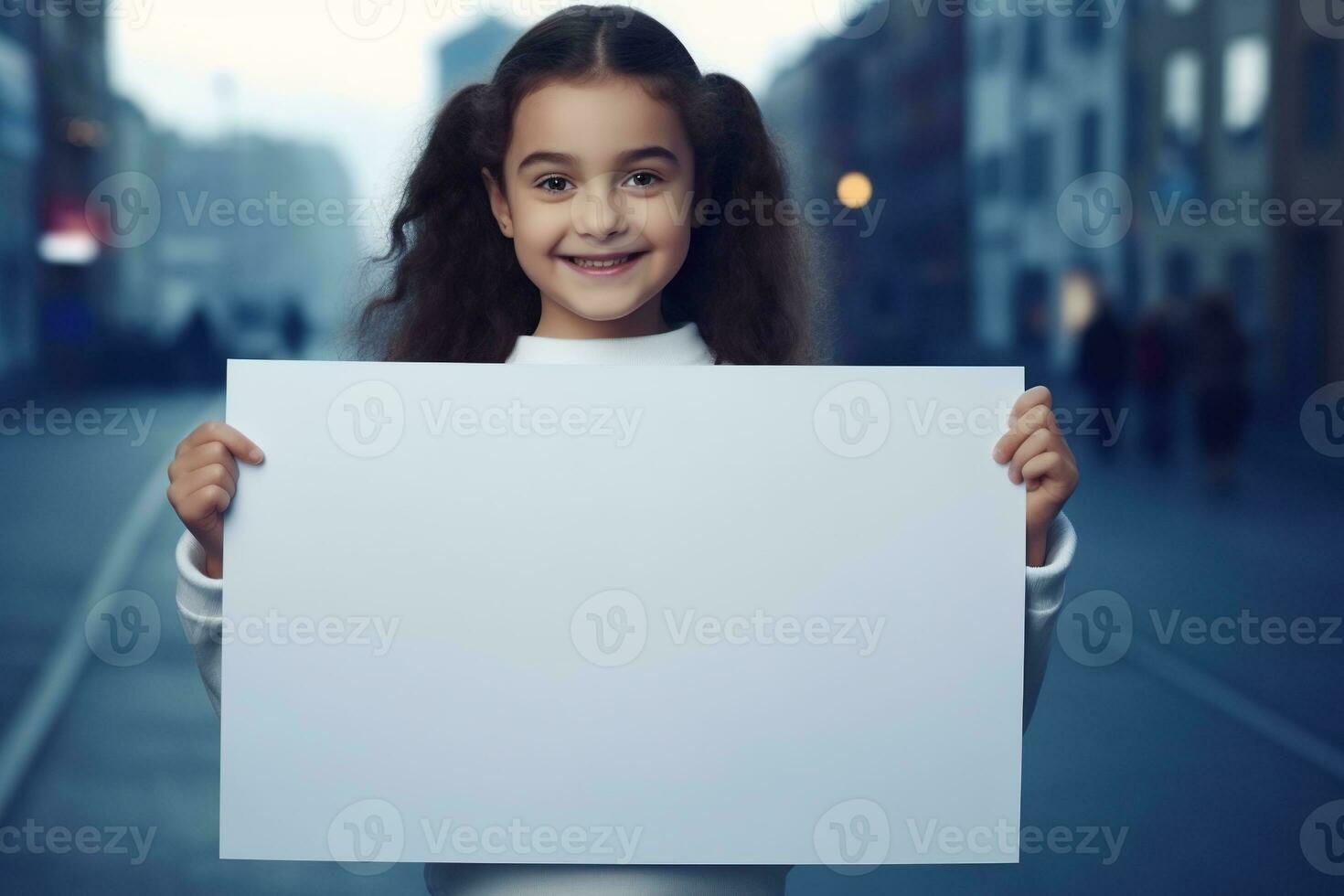 AI generated Cute little girl holding blank white sheet of paper in her hands photo