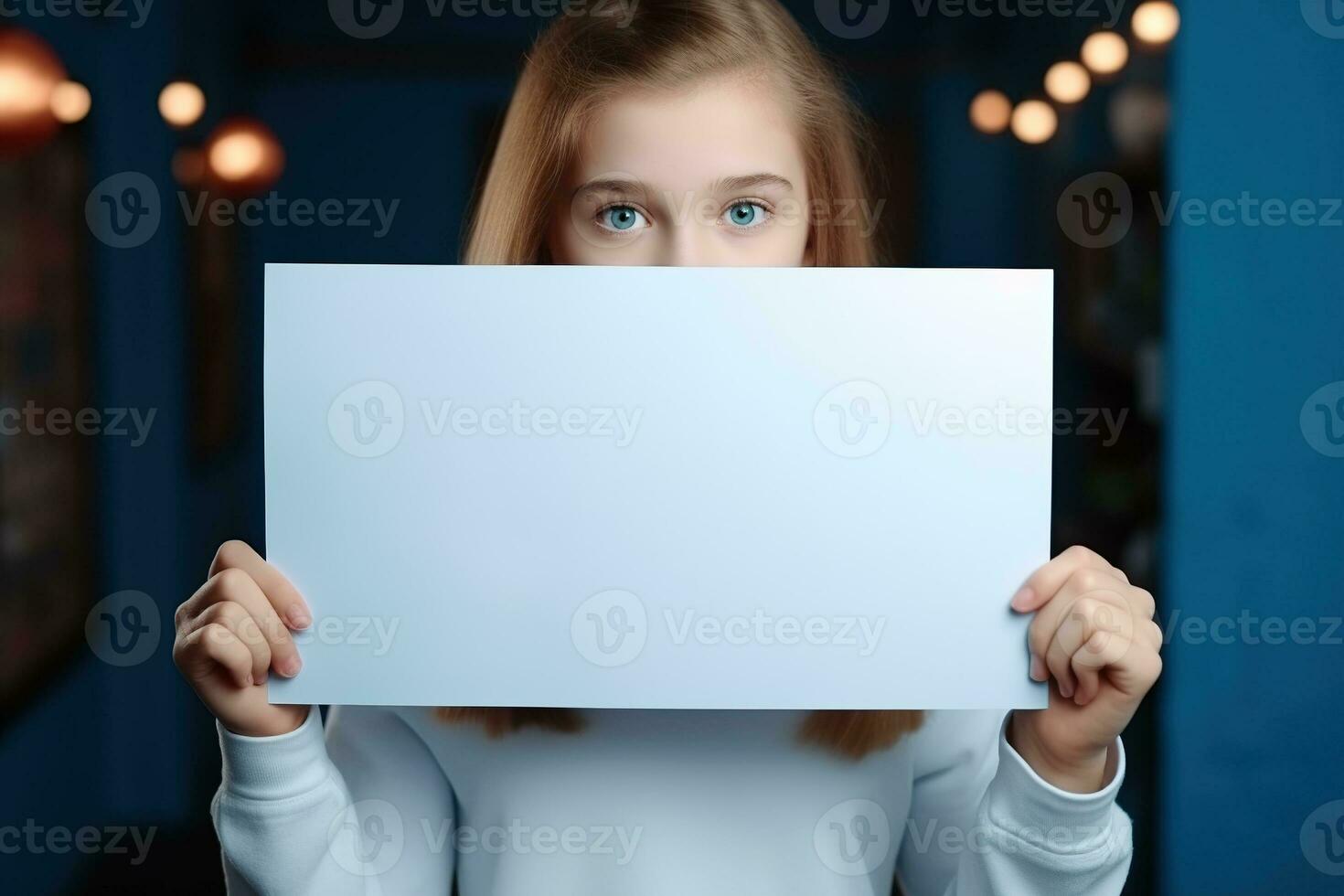 AI generated Cute little girl holding blank white sheet of paper in her hands photo