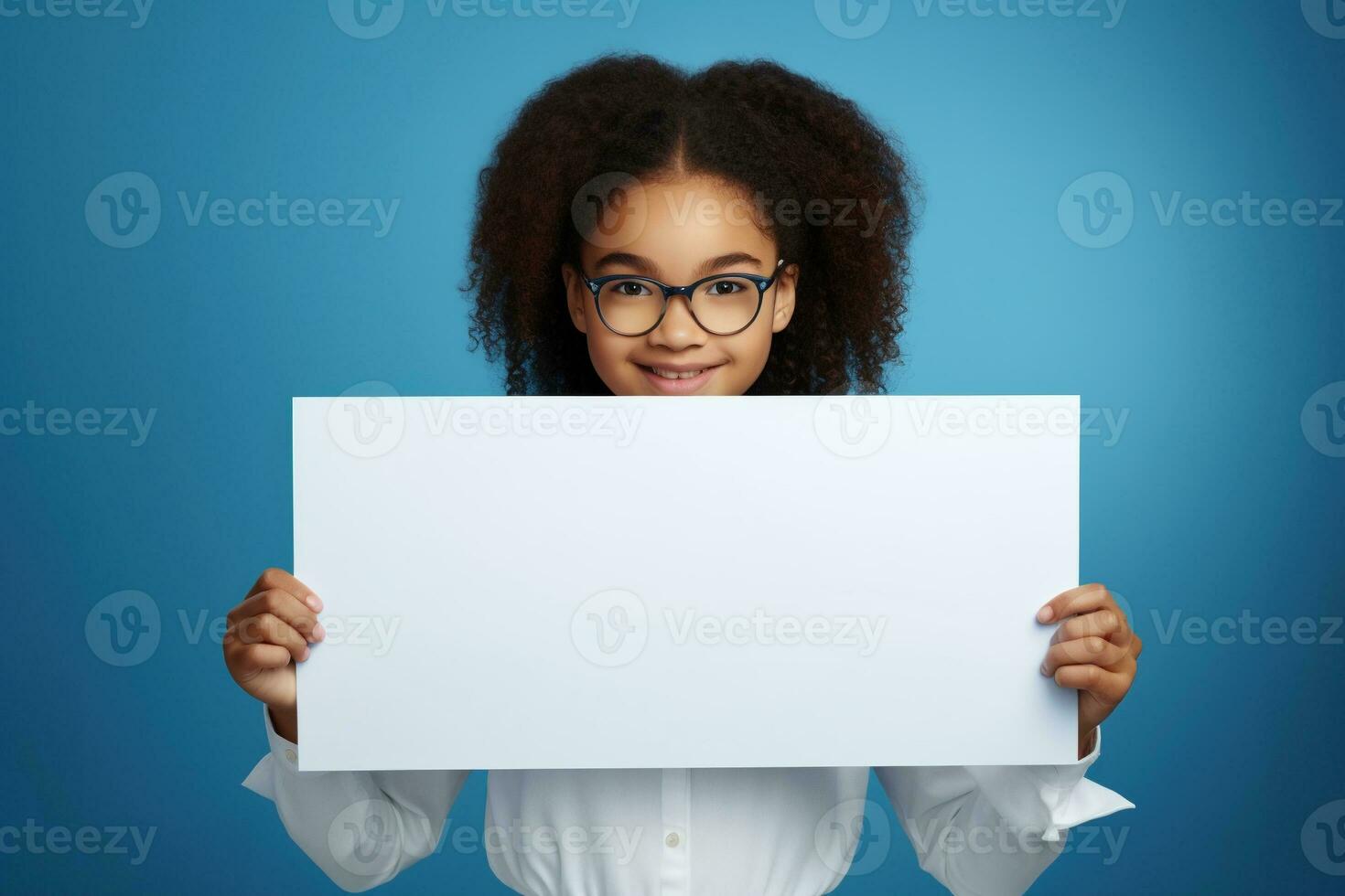 AI generated Cute little girl holding blank white sheet of paper in her hands photo