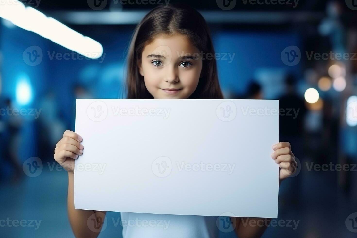 AI generated Cute little girl holding blank white sheet of paper in her hands photo