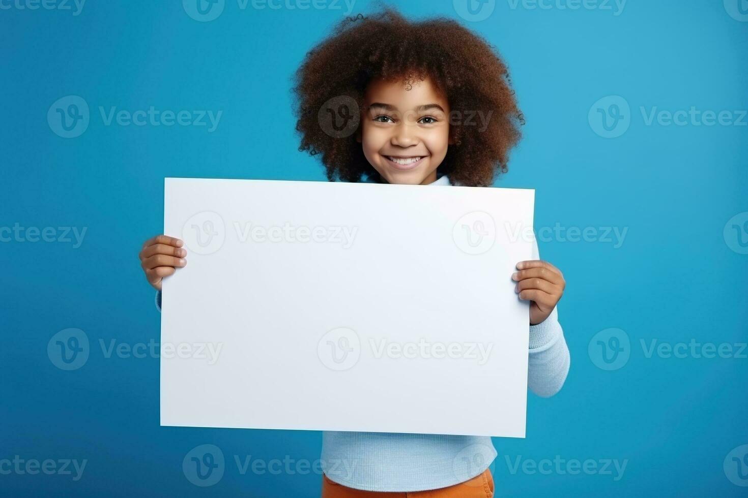 AI generated Cute little girl holding blank white sheet of paper in her hands photo