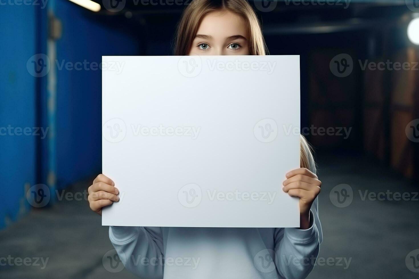 AI generated Cute little girl holding blank white sheet of paper in her hands photo