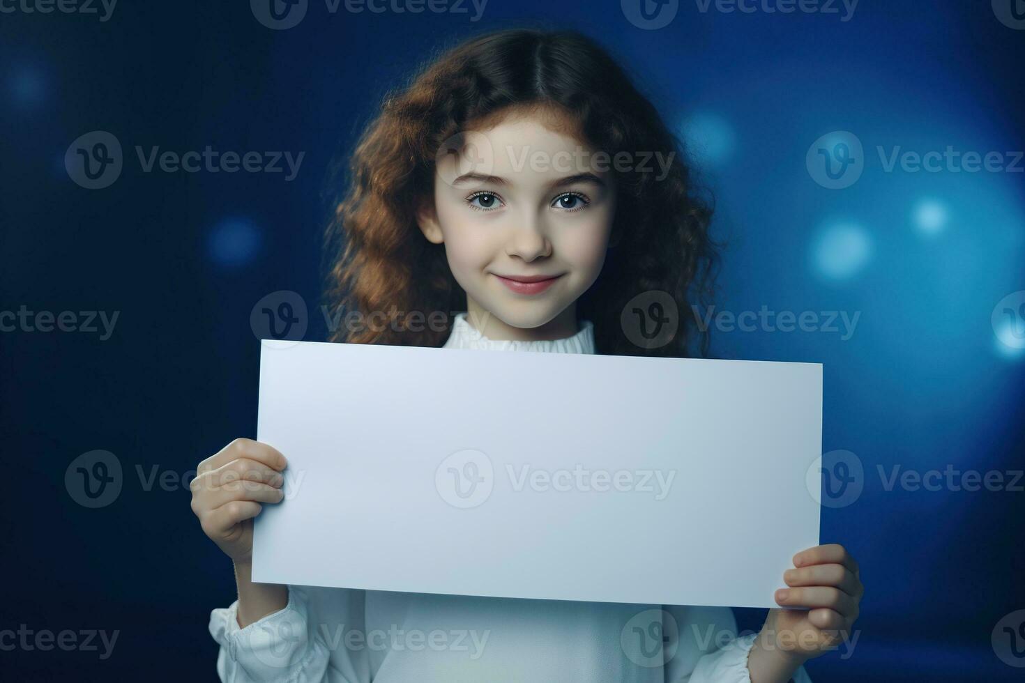 AI generated Cute little girl holding blank white sheet of paper in her hands photo