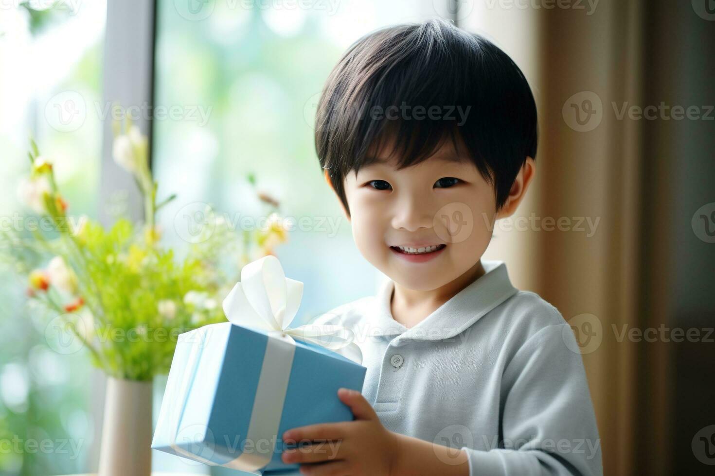 AI generated Cute asian little boy holding a gift box photo