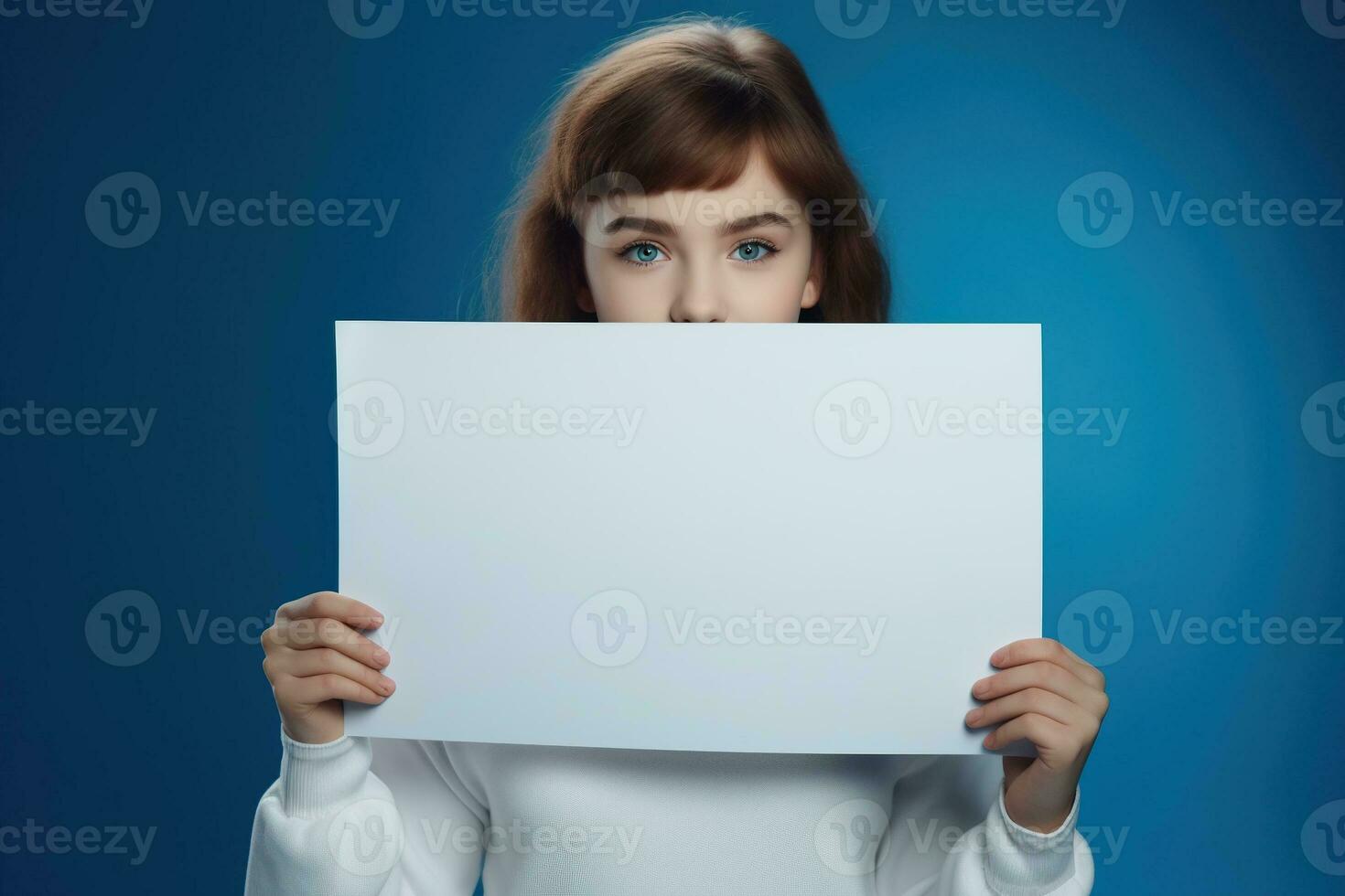 AI generated Cute little girl holding blank white sheet of paper in her hands photo