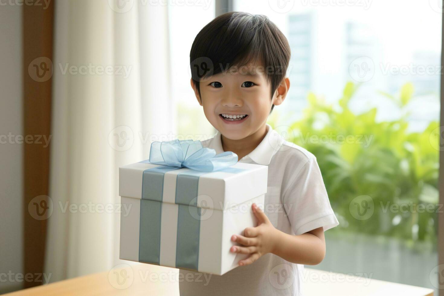 AI generated Cute asian little boy holding a gift box photo