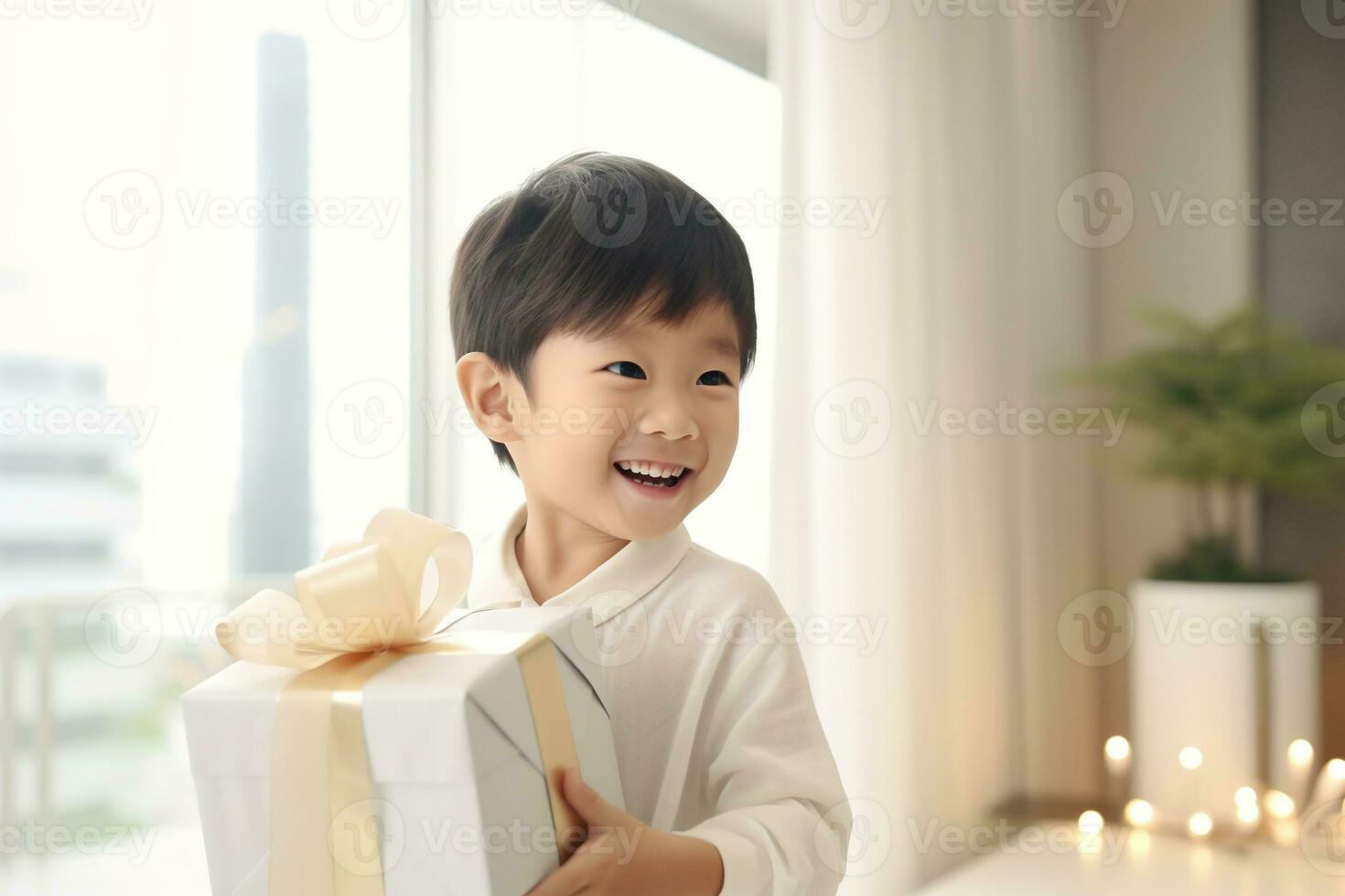 AI generated Cute asian little boy holding a gift box photo