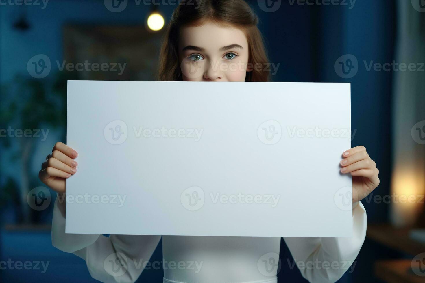 AI generated Cute little girl holding blank white sheet of paper in her hands photo