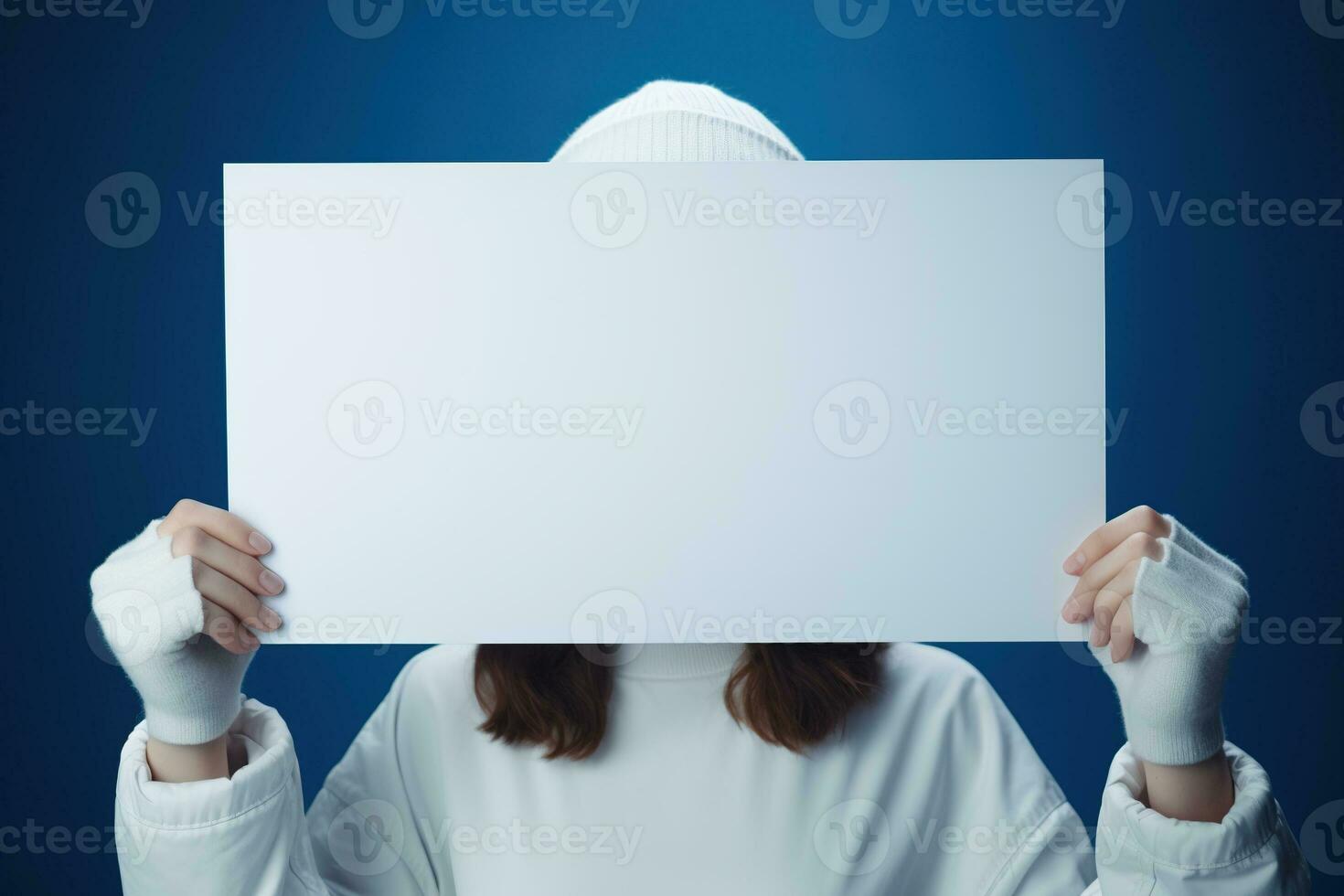 AI generated Cute little girl holding blank white sheet of paper in her hands photo