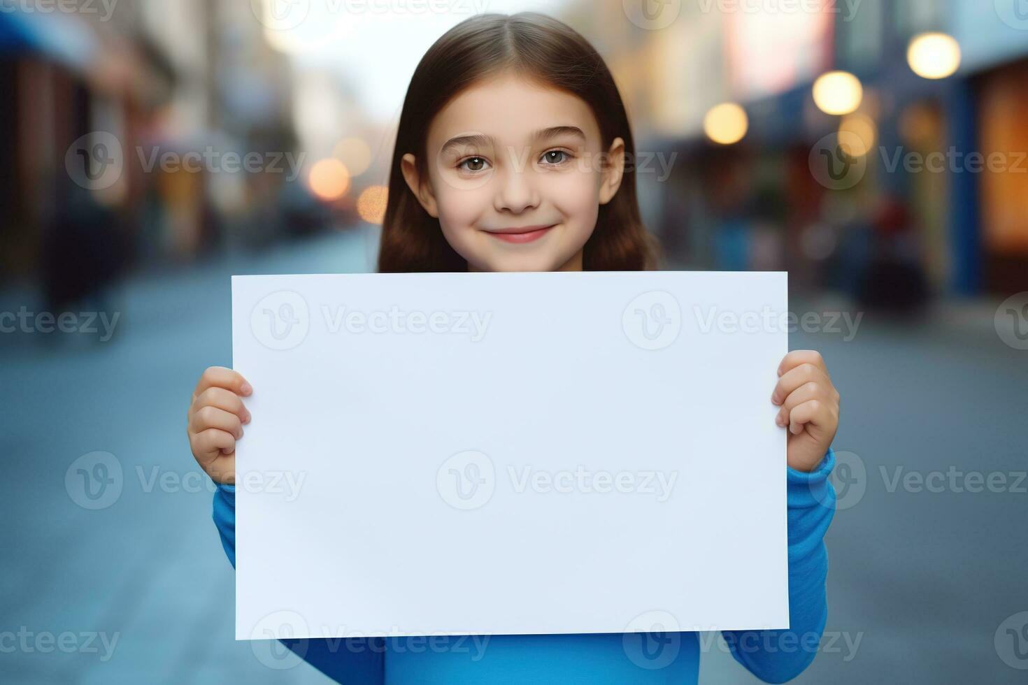 AI generated Cute little girl holding blank white sheet of paper in her hands photo