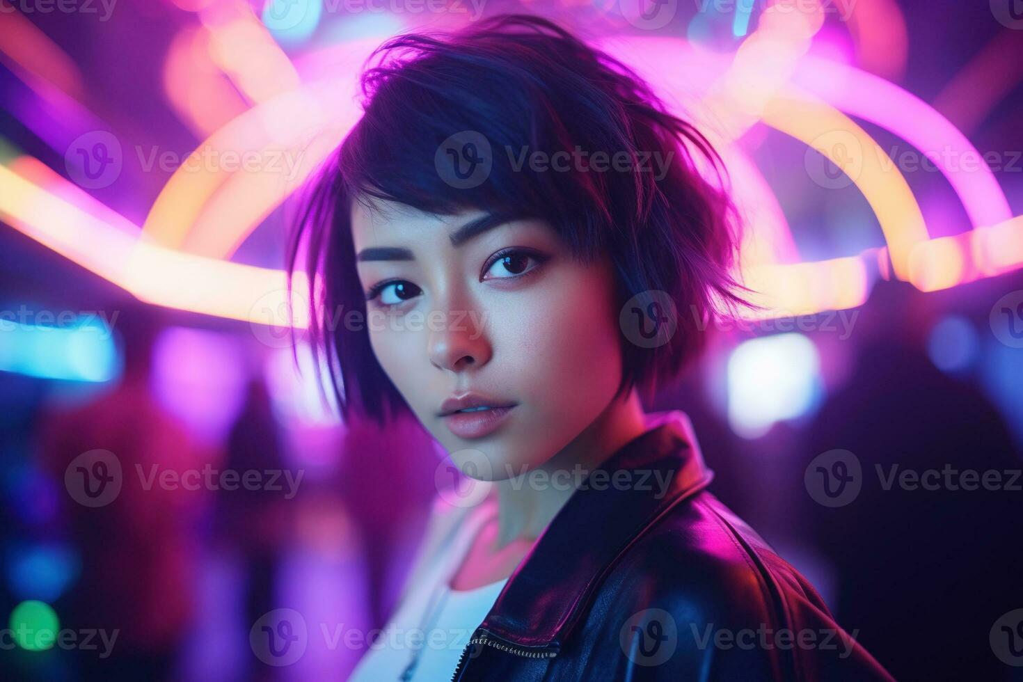 AI generated Portrait of young beautiful asian woman dancing in night club. photo