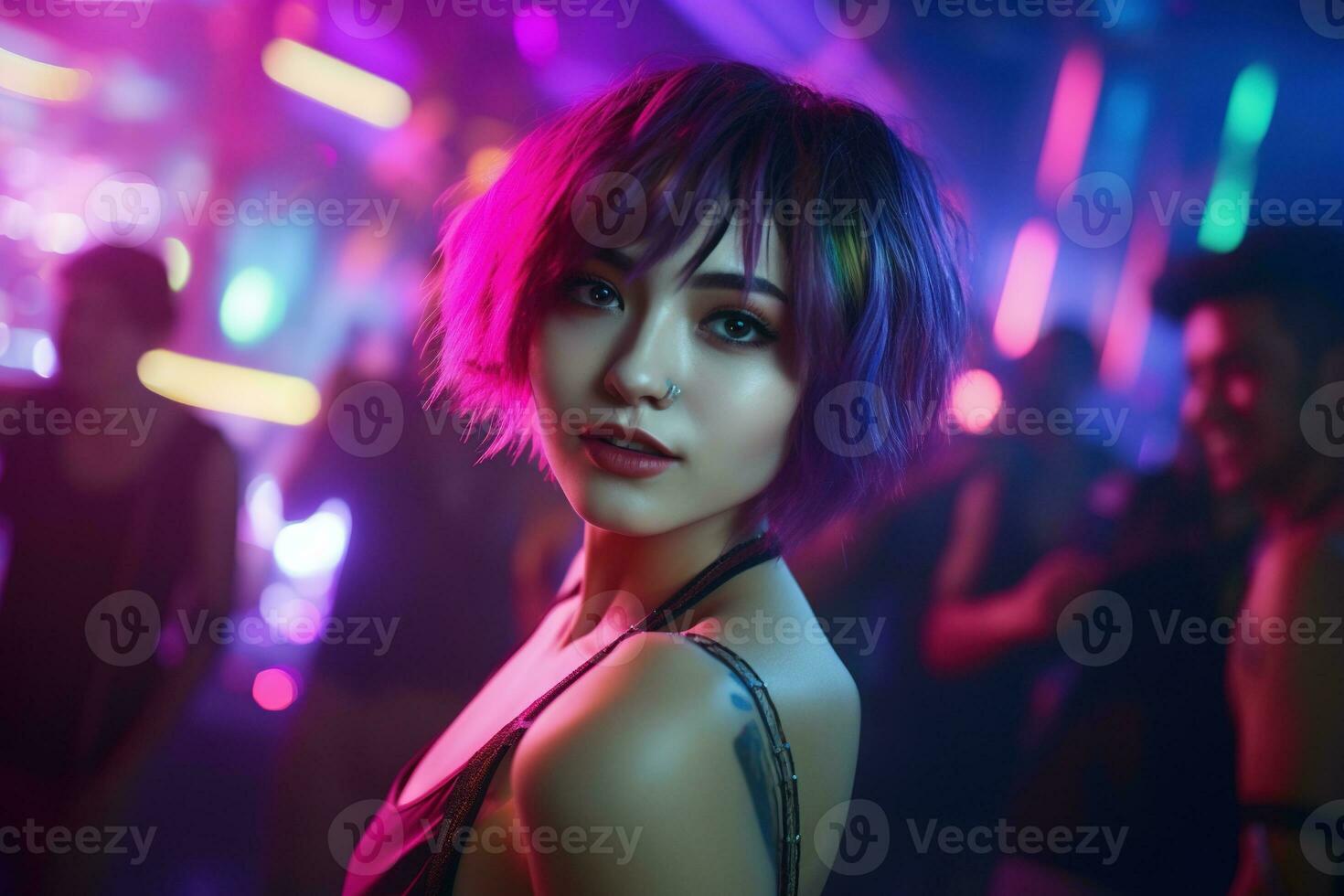 AI generated Portrait of young beautiful asian woman dancing in night club. photo