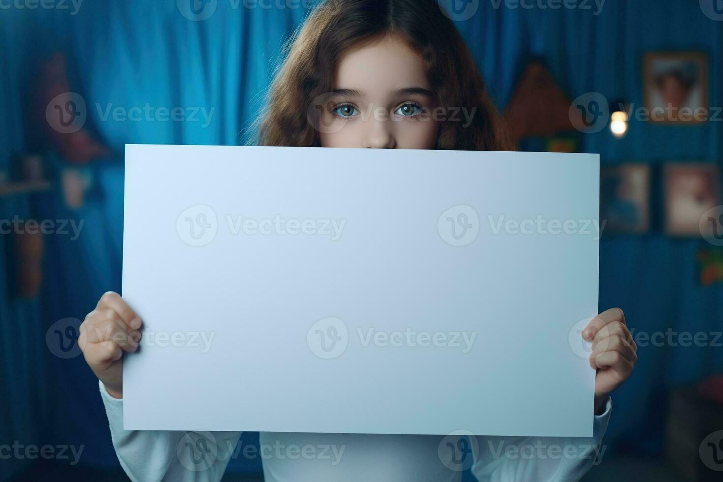 AI generated Cute little girl holding blank white sheet of paper in her hands photo