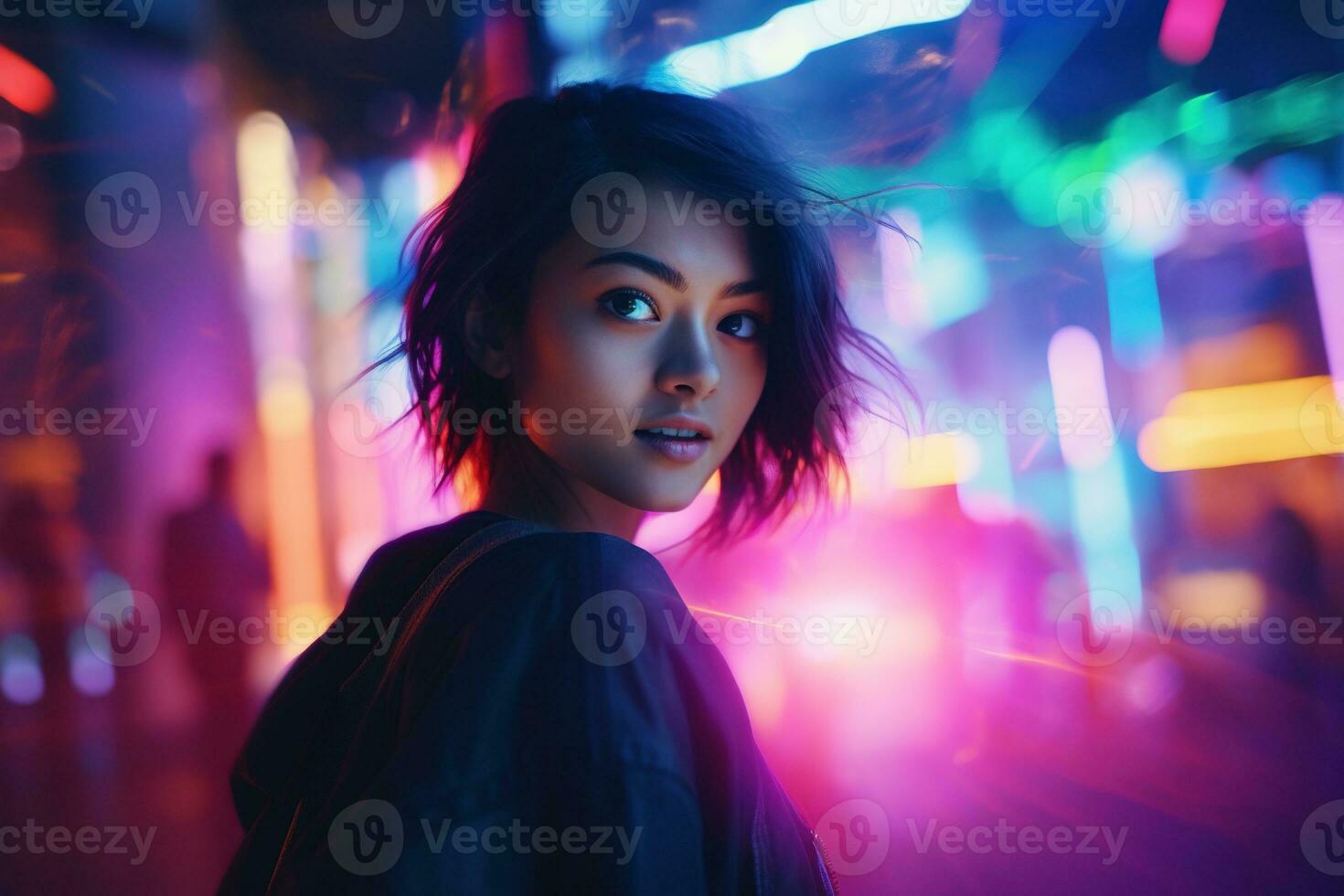 AI generated Portrait of young beautiful asian woman dancing in night club. photo