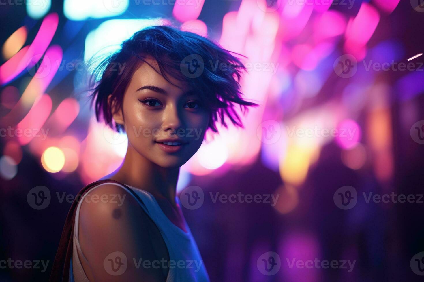 AI generated Portrait of young beautiful asian woman dancing in night club. photo