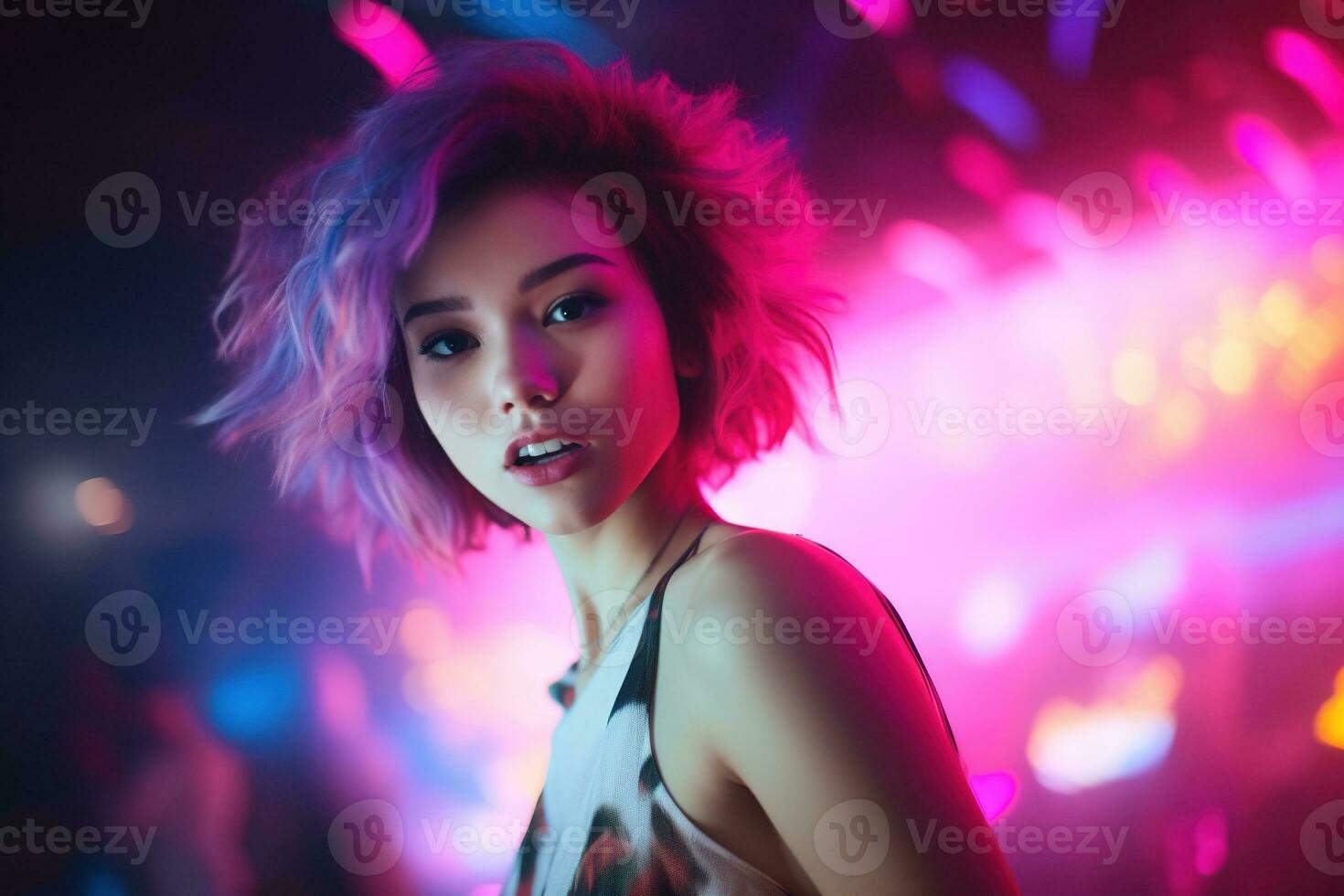 AI generated Portrait of young beautiful asian woman dancing in night club. photo