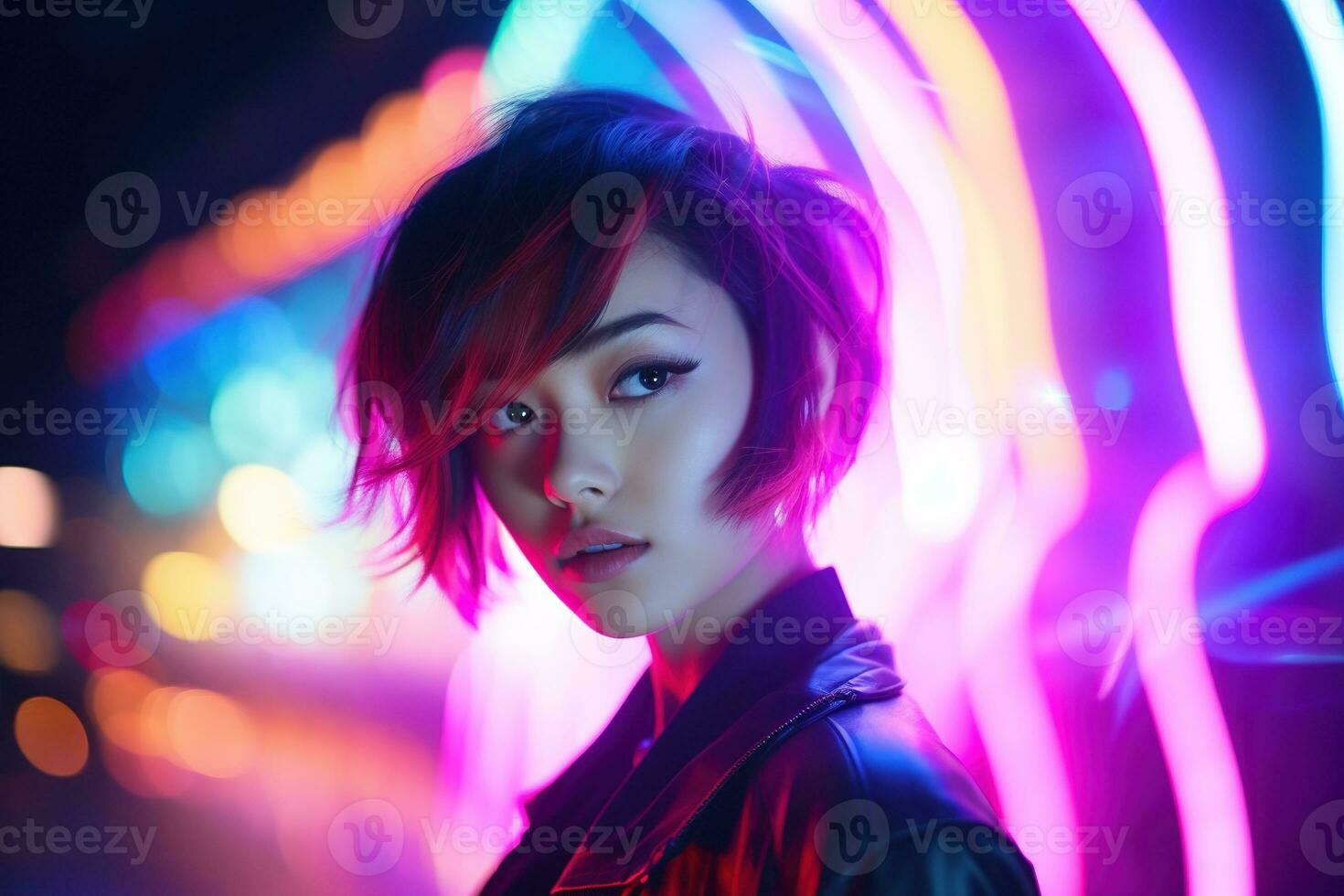 AI generated Portrait of young beautiful asian woman dancing in night club. photo