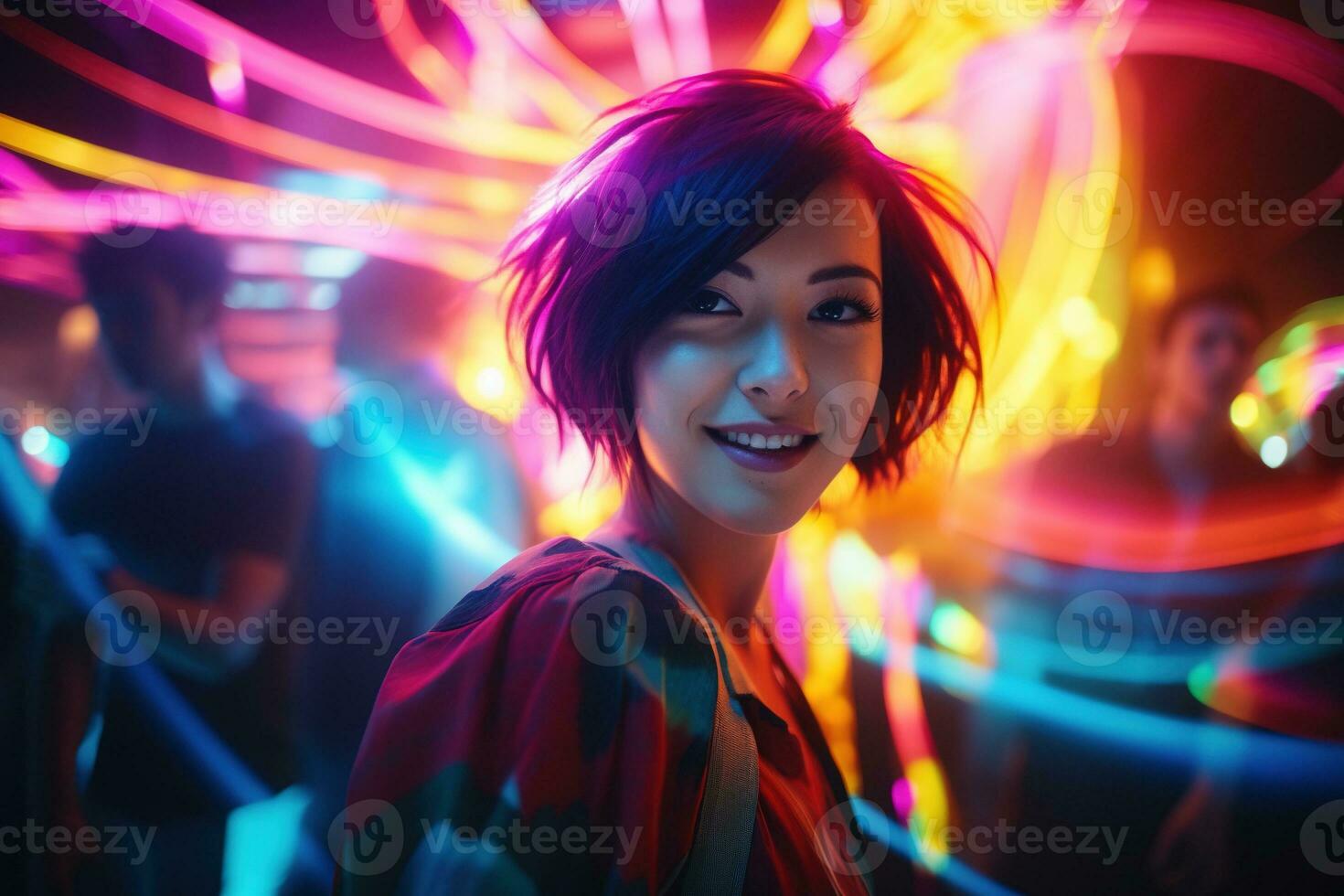 AI generated Portrait of young beautiful asian woman dancing in night club. photo