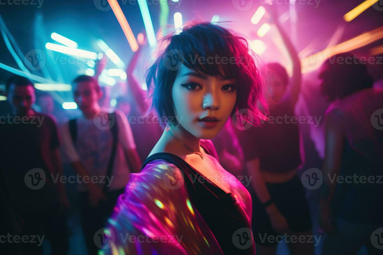AI generated Portrait of young beautiful asian woman dancing in night club. photo