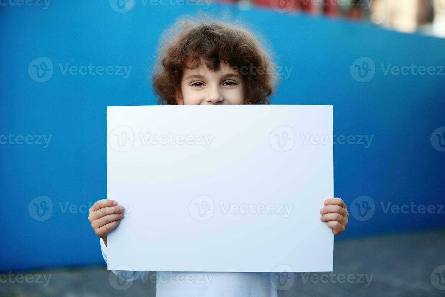 AI generated Cute little girl holding blank white sheet of paper in her hands photo