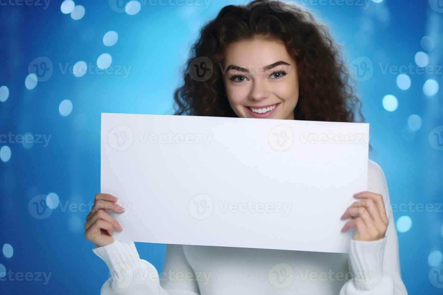 AI generated Cute little girl holding blank white sheet of paper in her hands photo