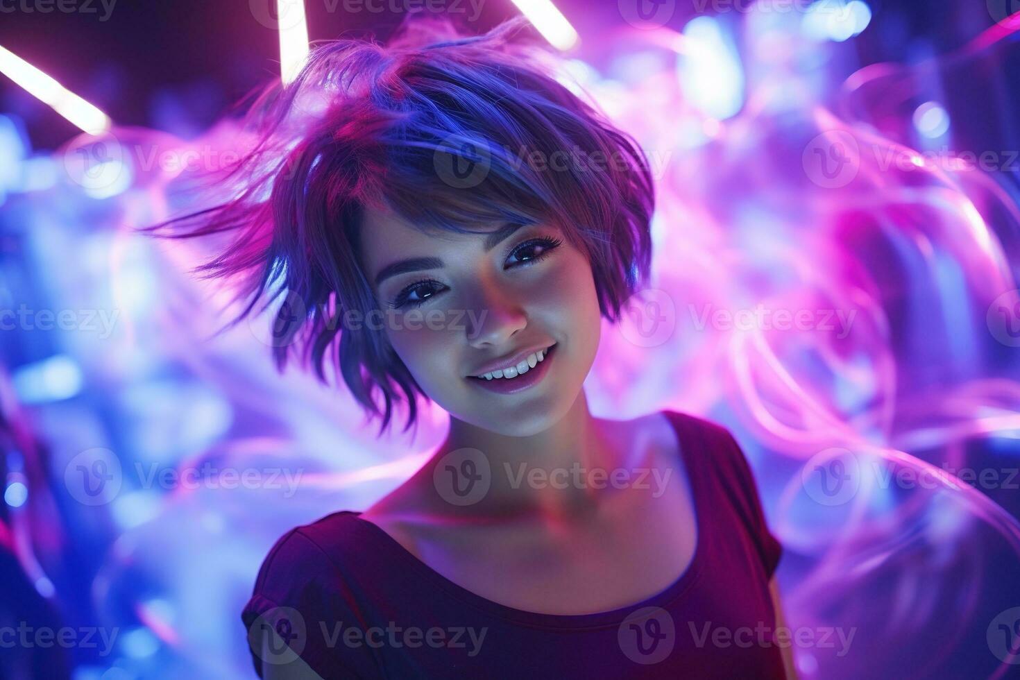 AI generated Portrait of young beautiful asian woman dancing in night club. photo