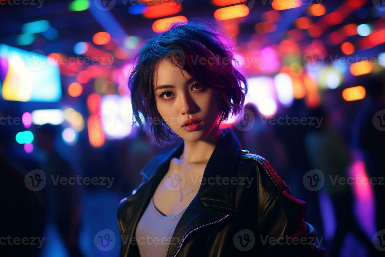AI generated Portrait of young beautiful asian woman dancing in night club. photo