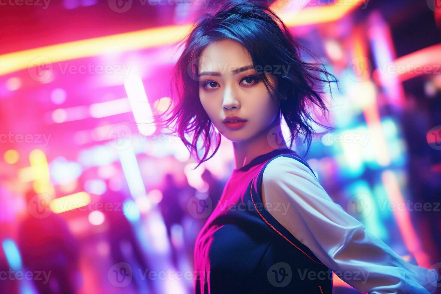 AI generated Portrait of young beautiful asian woman dancing in night club. photo